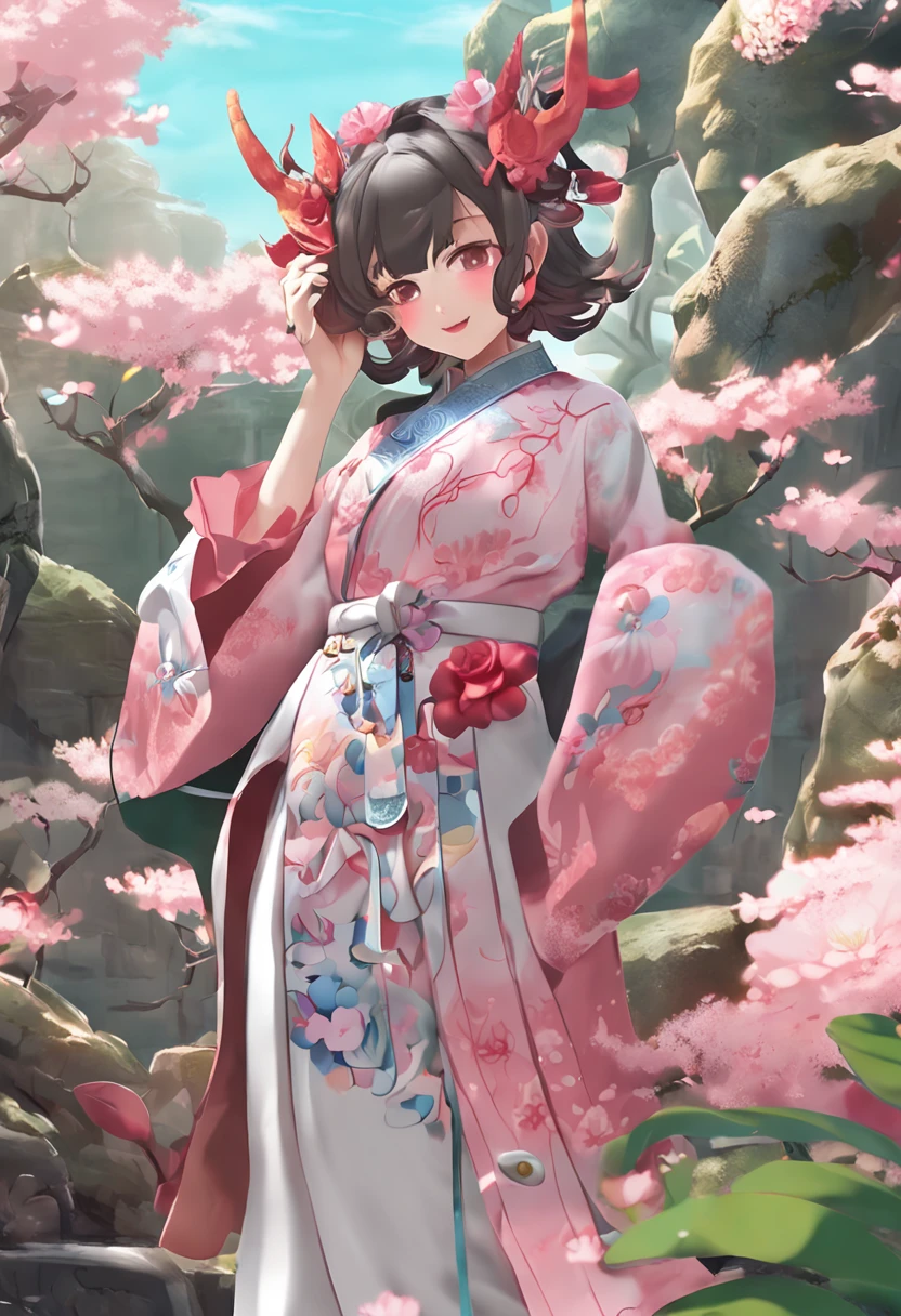 (Daisaku),(Need),(Super meticulous),(full bodyesbian:1.2),Close-up of Chinese dragon statue, vinyl toy figurine, pvc figurine, Anime figur, Cute detailed digital art, lovely digital painting, cute little dragon,1 Chinese dragon,tchibi,adolable,ssmile,Open-mouthed,florals,Outdoor coat,Blushlush,The tree,:3,The shirt,short detailed hair,SakuraNS,green headwear,Blurred,A brown-haired,Blush stickers,longer sleeves,By bangs,Earphone,brunette color hair,pinkflower,(beautiful detailed face),(美丽细致的眼睛),