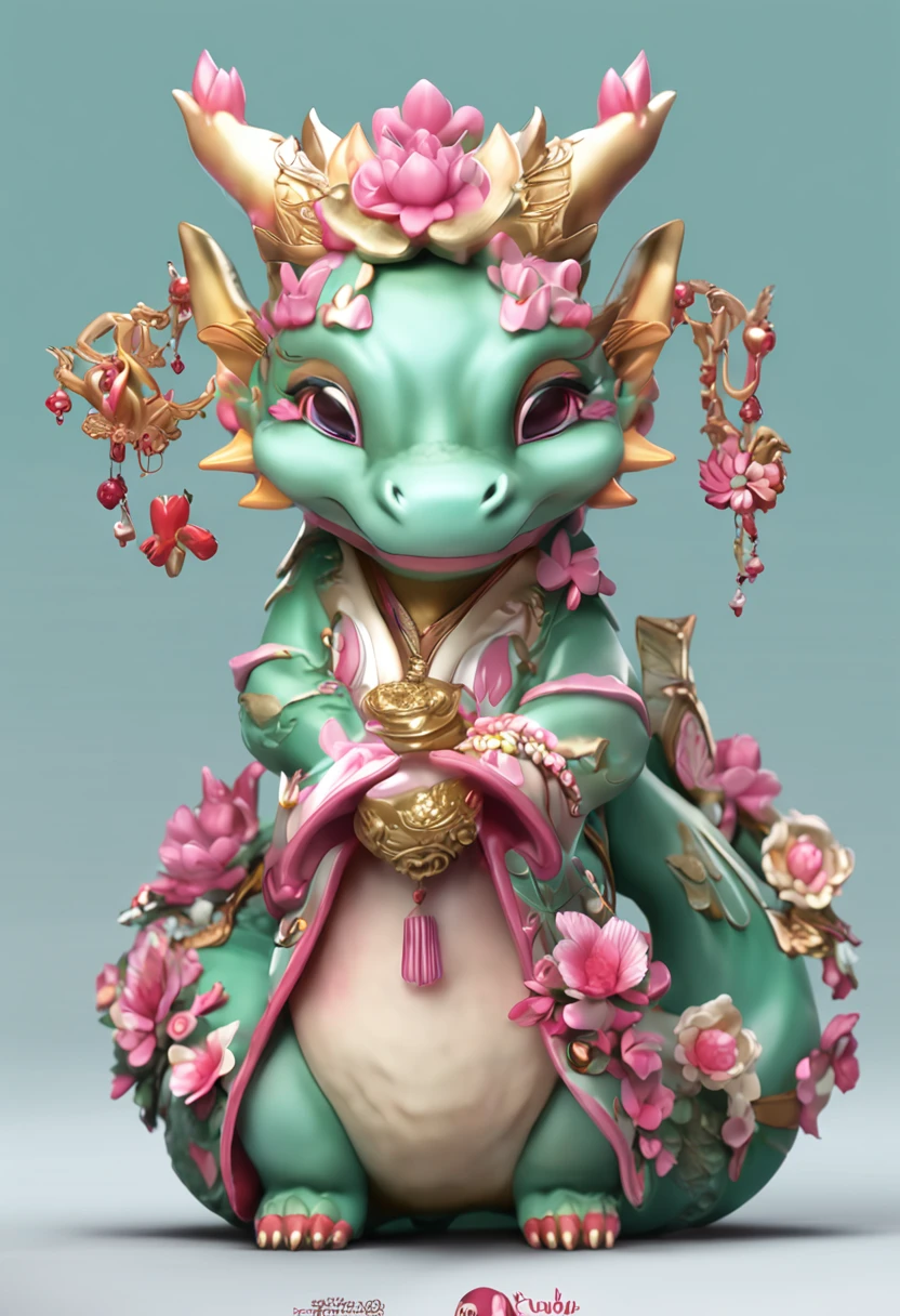 (Daisaku),(Need),(Super meticulous),(full bodyesbian:1.2),Close-up of Chinese dragon statue, vinyl toy figurine, pvc figurine, Anime figur, Cute detailed digital art, lovely digital painting, cute little dragon,1 Chinese dragon,tchibi,adolable,ssmile,Open-mouthed,florals,Outdoor coat,Blushlush,The tree,:3,The shirt,short detailed hair,SakuraNS,green headwear,Blurred,A brown-haired,Blush stickers,longer sleeves,By bangs,Earphone,brunette color hair,pinkflower,(beautiful detailed face),(美丽细致的眼睛),