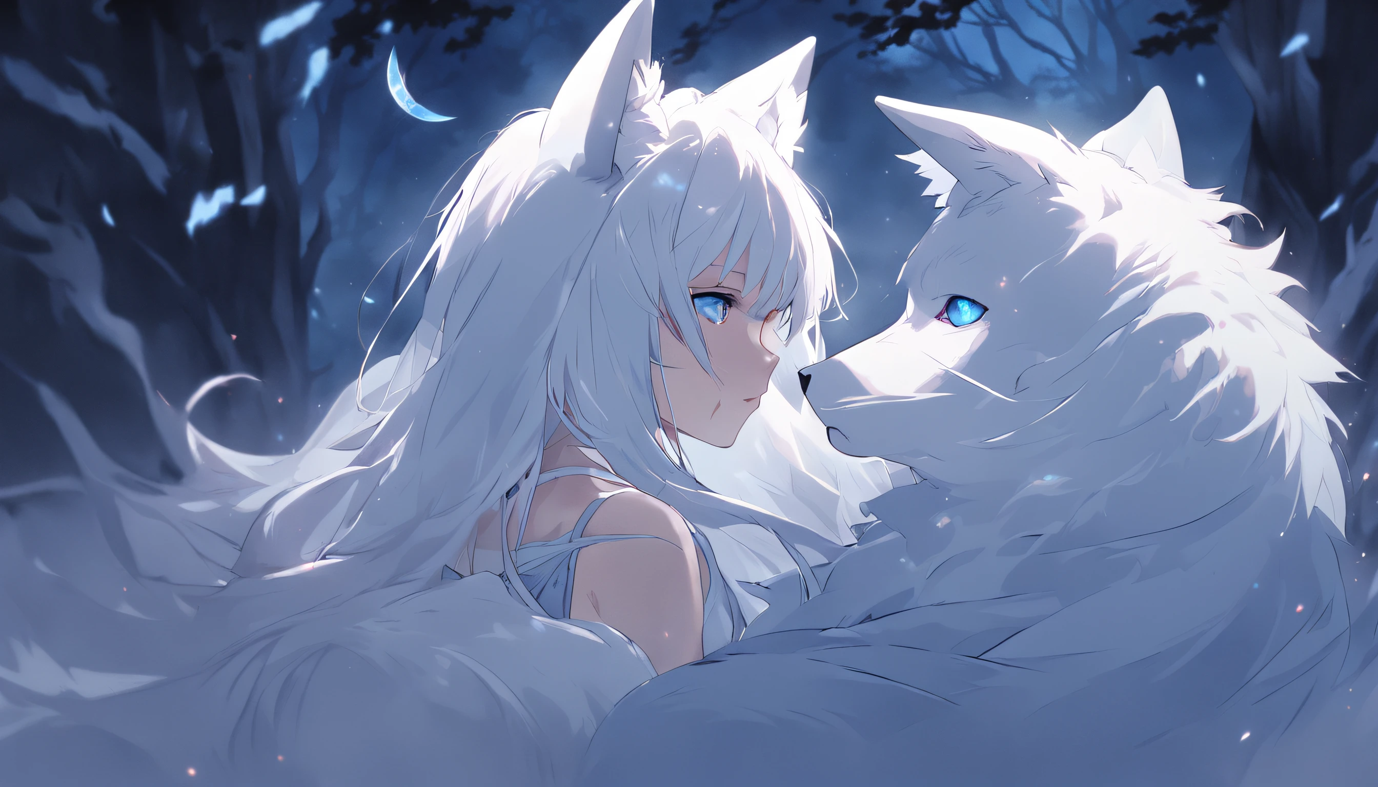 (Next to the anime girl with white fur fox ears before the full moon is a huge white nine-tailed fox:1.5), fantasy fox love, White-haired fox, white fox anime, Anime fantasy illustration,(dark forest background，Blue transparent smoke surrounds:1.8), art of silverfox,Best quality, Masterpiece, 超高分辨率, (photograph realistic:1.4), ultra-realistic realism, Dream-like,fusionart, Shadowdancer, shadow magic, Darkness, stealth, shadowstep, umbral spells,