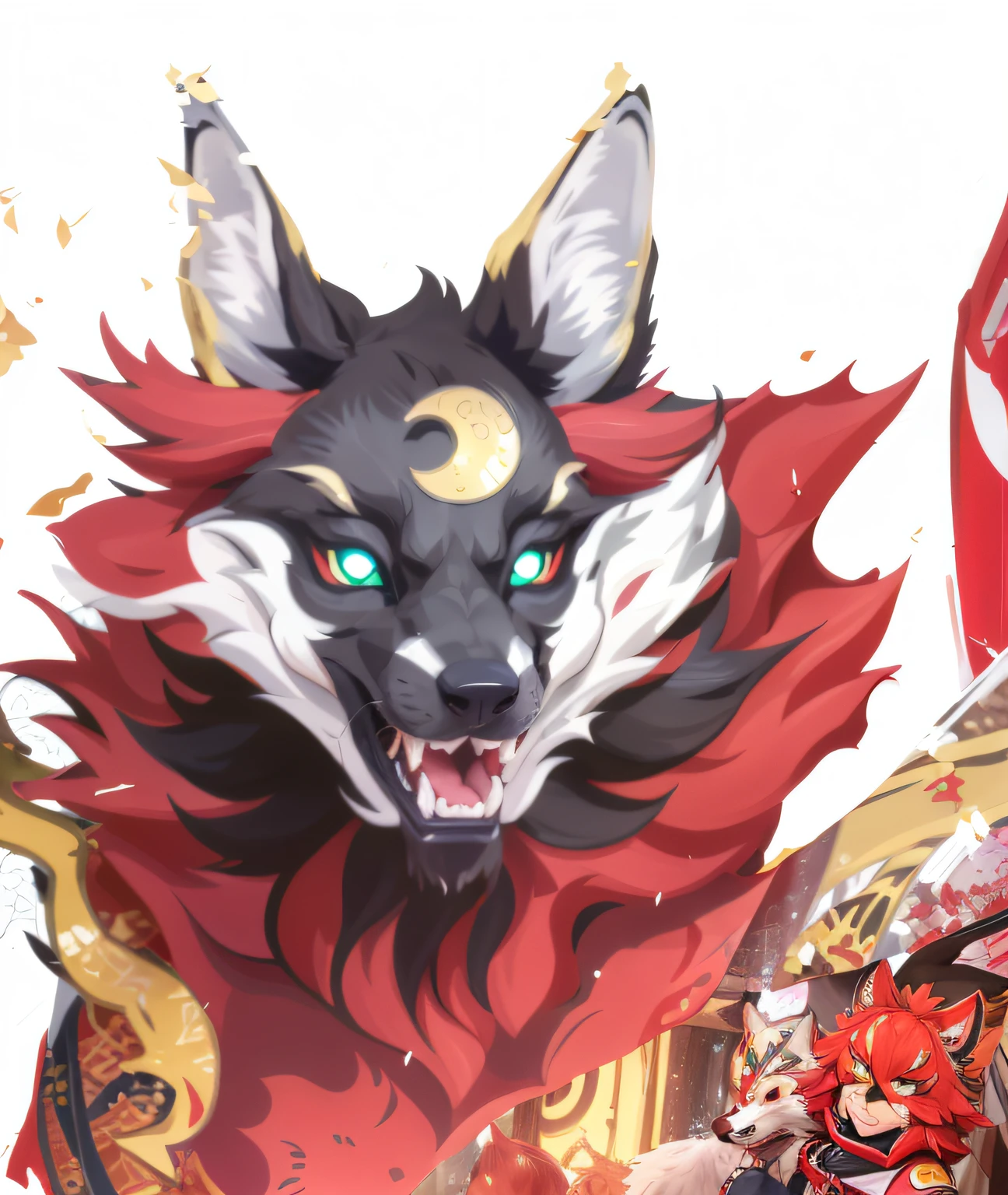 Anime characters with different colored eyes and red hair, onmyoji portrait, Onmyoji detailed art, fox nobushi, onmyoji, anthropomorphic wolf male, anthropomorphic wolf, zhongli from genshin impact, koda kazuma, anthropomorphic wolf, with kitsune mask, extra detail, mizutsune