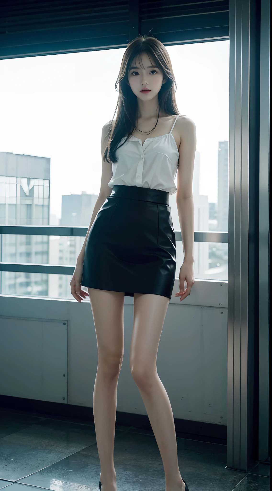 top Quority,Ultra-clear resolution,Clear eyes,plain face,s the perfect face,White skin,Perfect chest,with perfect legs,Long legs,Short black style skirt,Random environment