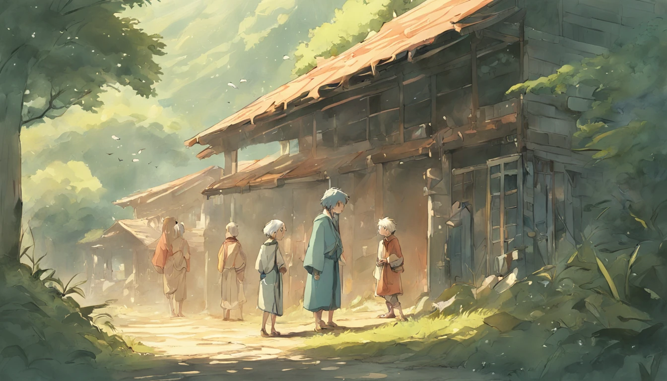 Illustration of Luca's encounter, Miserable young fisherman, and Elius, Wise elders, In front of the cottage, They shared a profound conversation,This will change the trajectory of Lucca's life
