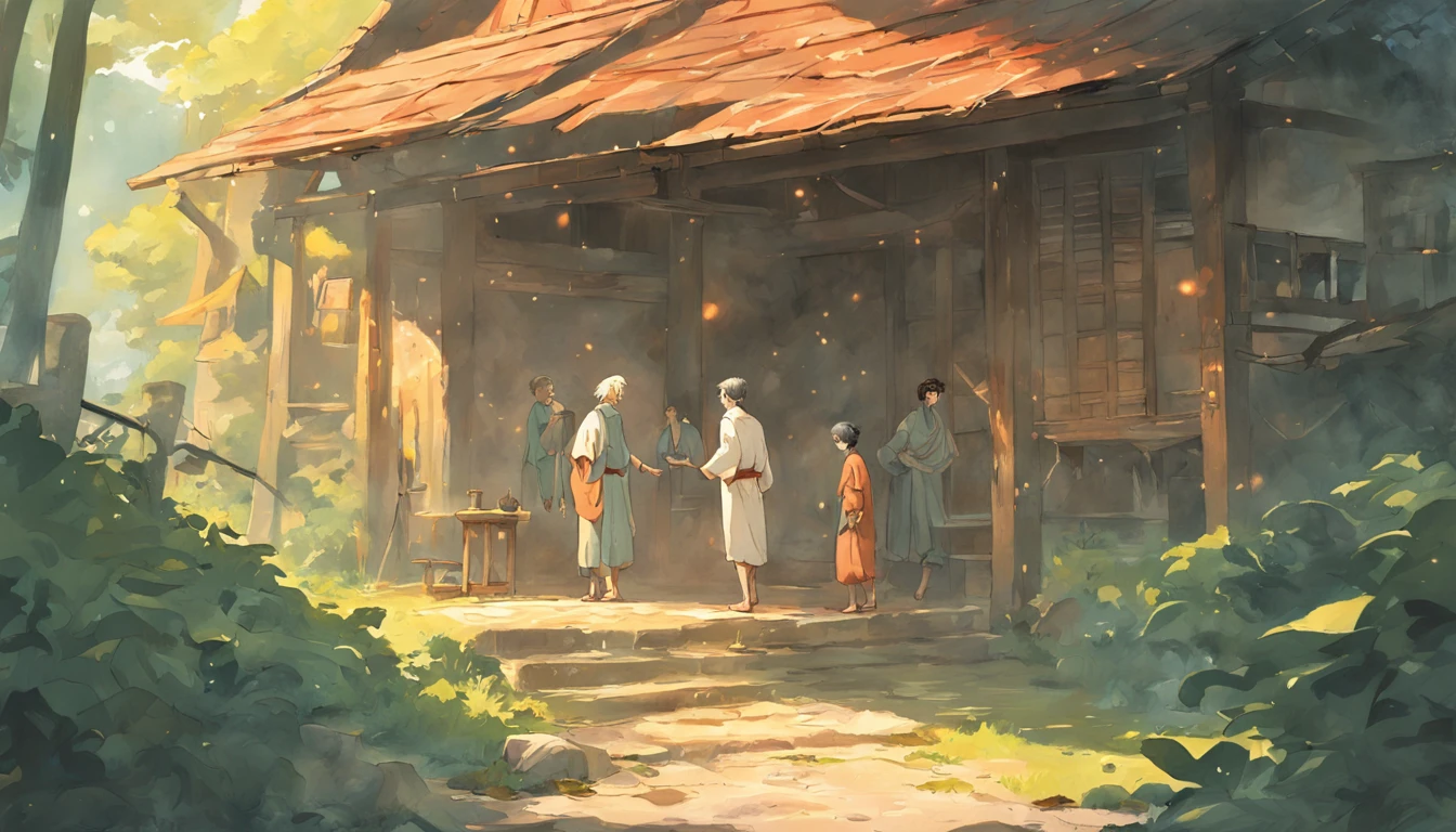 Illustration of Luca's encounter, Miserable young fisherman, and Elius, Wise elders, In front of the cottage, They shared a profound conversation,This will change the trajectory of Lucca's life