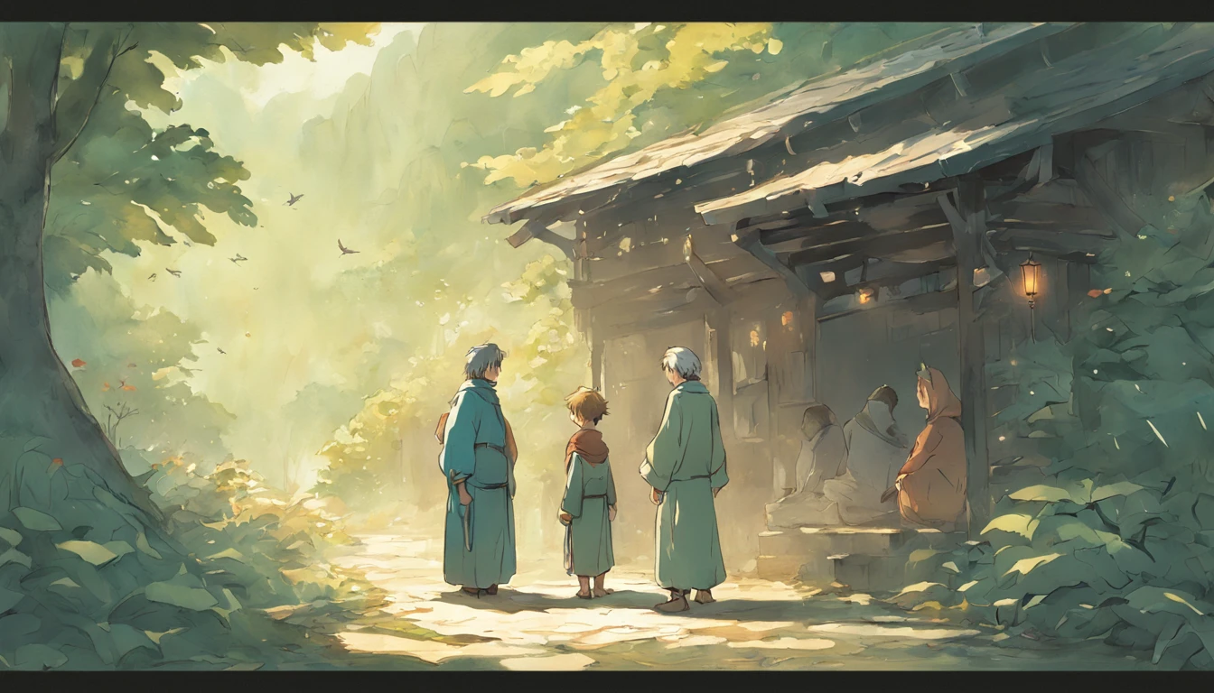 Illustration of Luca's encounter, Miserable young fisherman, and Elius, Wise elders, In front of the cottage, They shared a profound conversation，This will change the trajectory of Lucca's life