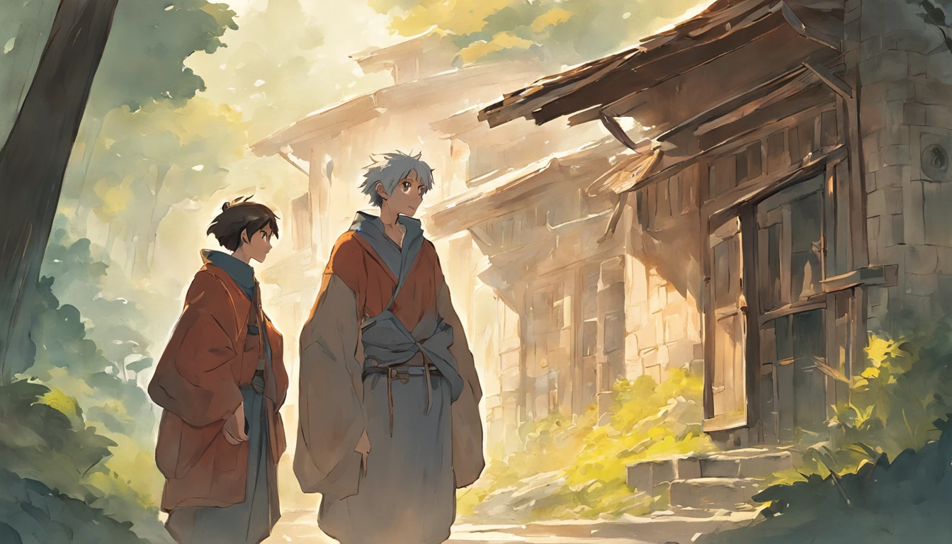Illustration of Luca's encounter, Miserable young fisherman, and Elius, Wise elders, In front of the cottage, They shared a profound conversation,This will change the trajectory of Lucca's life