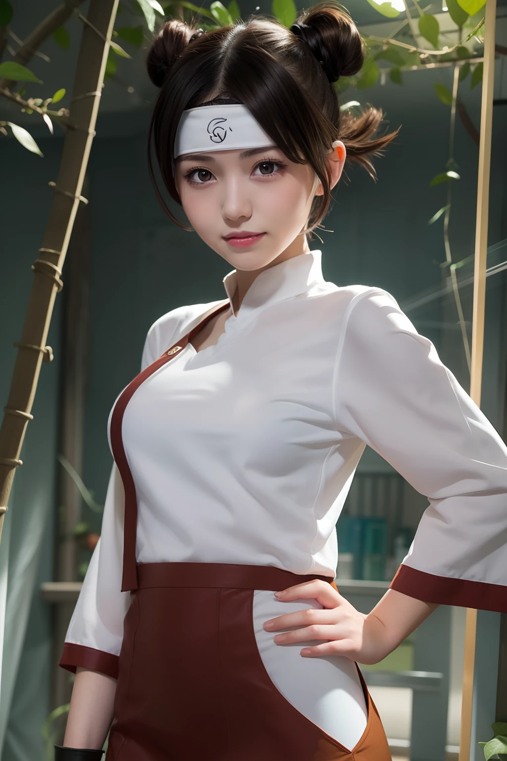 1girl, tenten in anime naruto, short hair, sexy dress, brown hair, yellow eyes, smile, beautiful, white and red clothes, very big breast, sexy clothes, realistic clothes, detail clothes, indoor wallpaper, wallpaper realistic, wallpapaer detail, indoor background, ultra detail, realistic