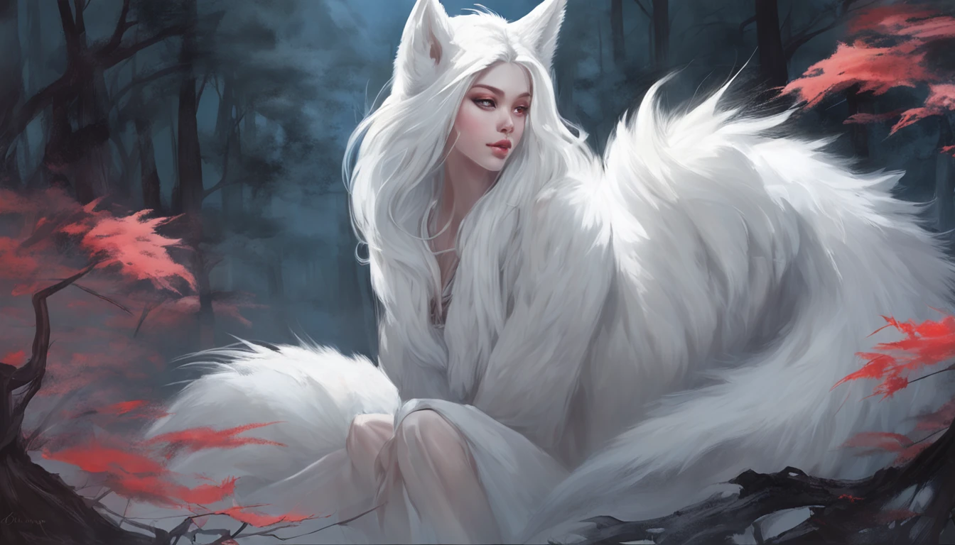 (Next to the anime girl with white fur fox ears before the full moon is a huge white nine-tailed fox:1.5), fantasy fox love, White-haired fox, white fox anime, Anime fantasy illustration,(dark forest background,Blue transparent smoke surrounds:1.8), art of silverfox,Best quality, Masterpiece, 超高分辨率, (photograph realistic:1.4), ultra-realistic realism, Dream-like,fusionart, Shadowdancer, shadow magic, Darkness, stealth, shadowstep, umbral spells,
