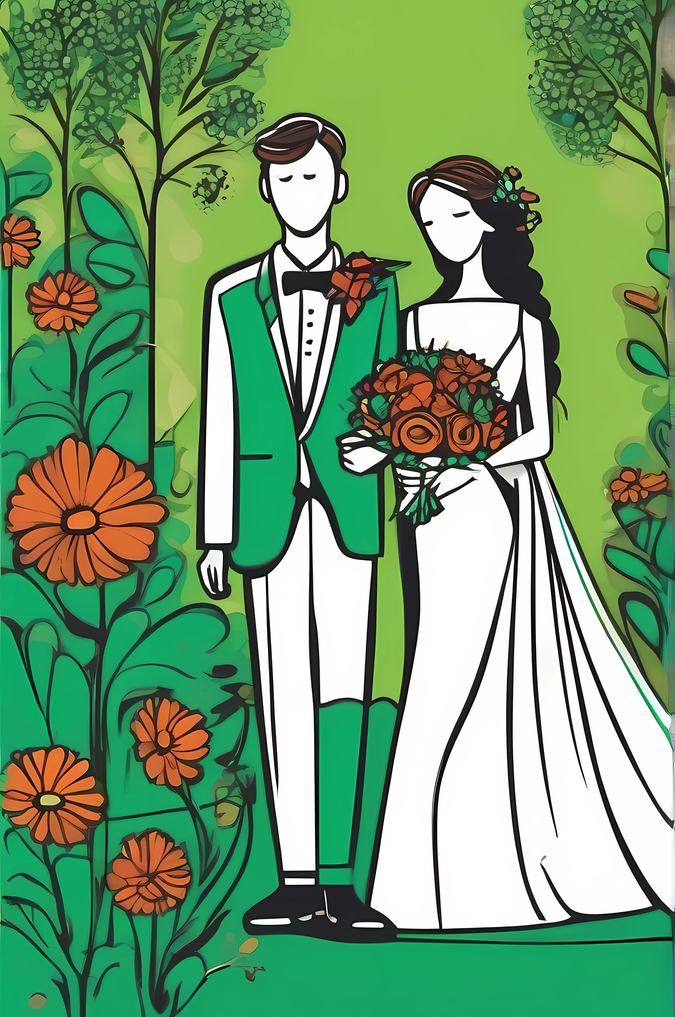 ute cartoon couple，boy is wearing suits and holding the flowers ,girl is wearing white wedding dress ,both of them full body, green background,) doodle in the style of Keith Haringsharpie illustration, bold lines and solid colors, simple details, minimalist