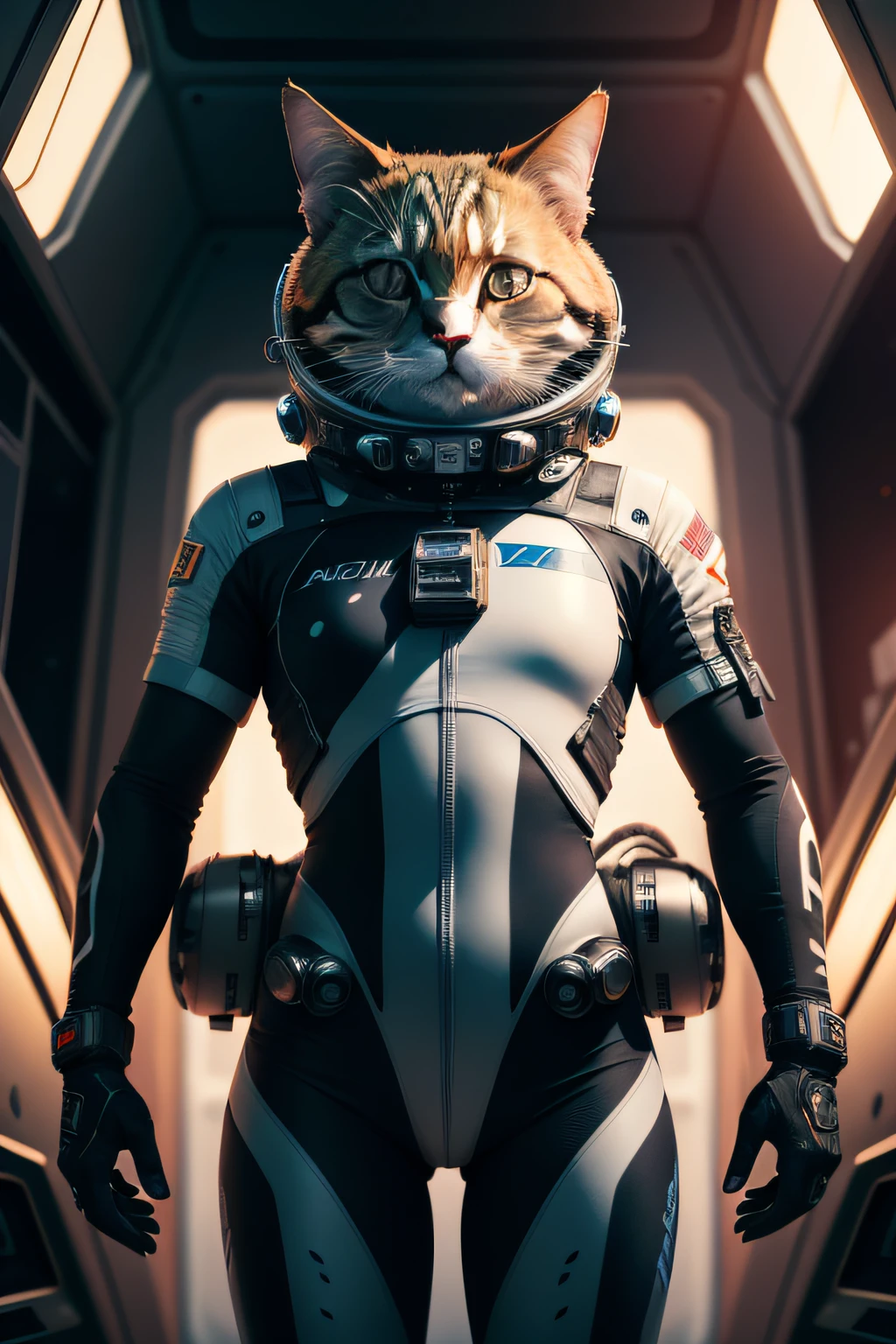 A space cat, wearing spacesuit, floats in space, Hyper-realistic, Futuristic, cyber punk perssonage, UHD, masterpiece, anatomically correct, high details, 8k
