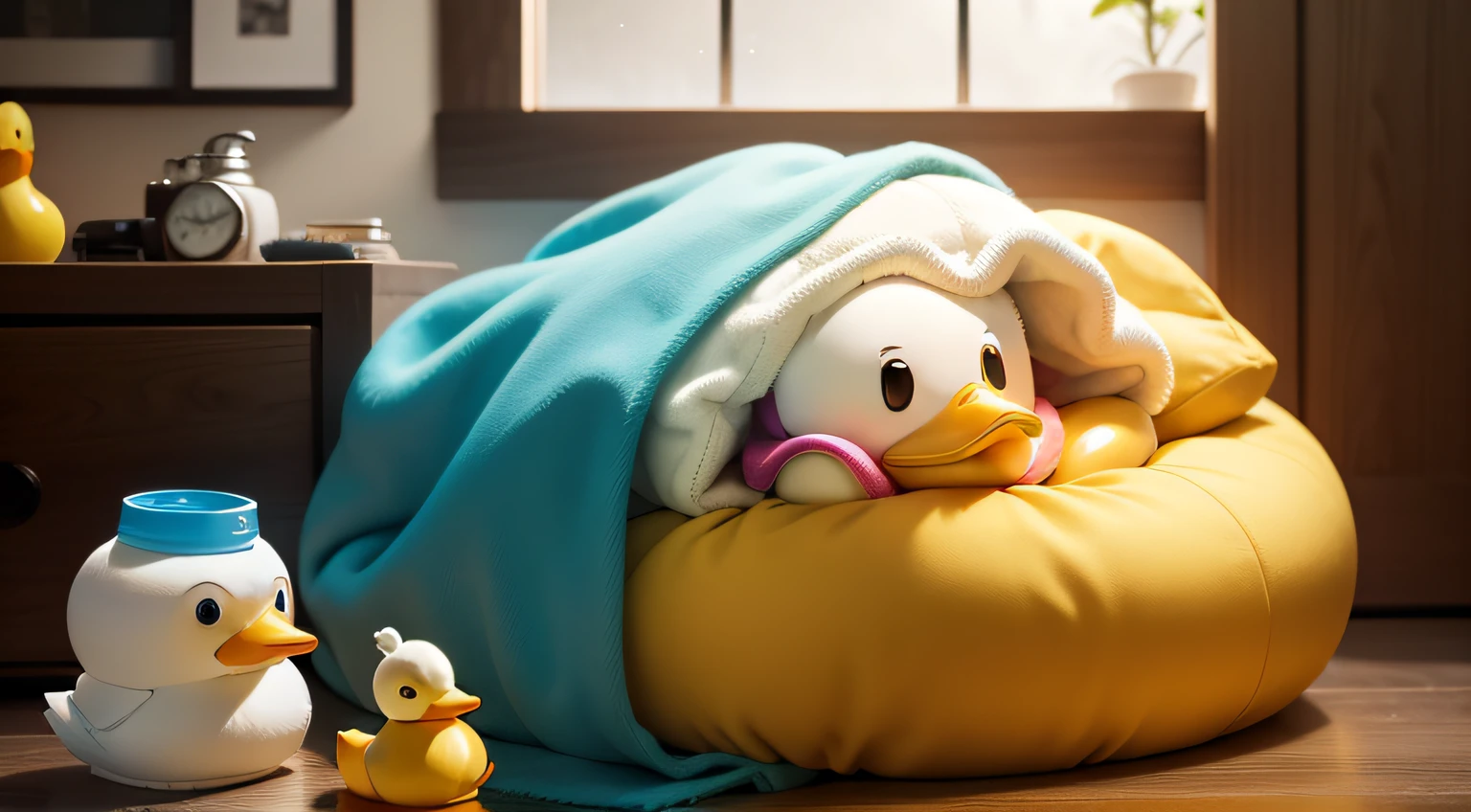 Nestled in a cozy environment, a rubber duck rests amidst soothing colors, embodying the idea of recuperating from an illness, complete with a temperature measuring tool and a soothing forehead compress.