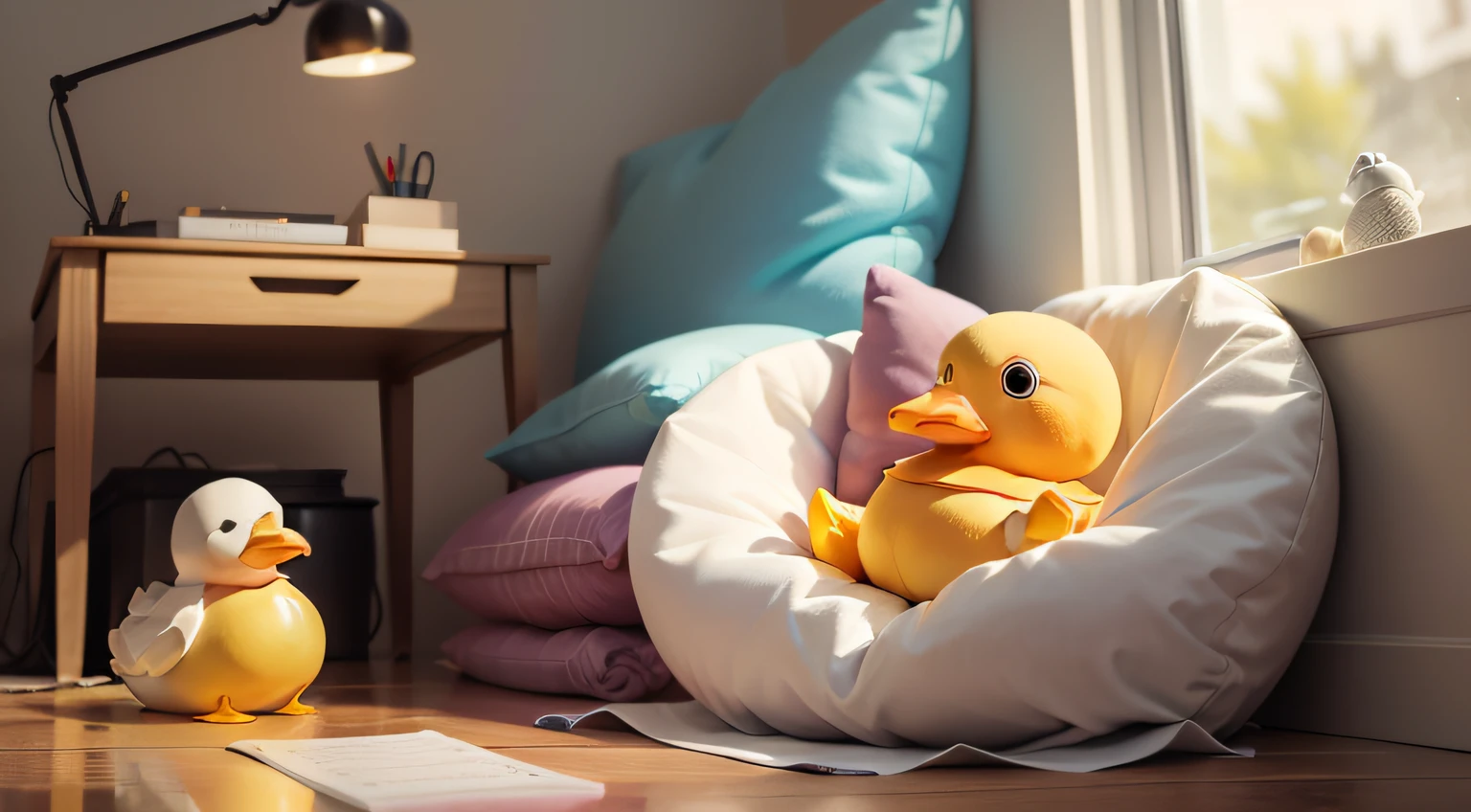 Nestled in a cozy environment, a rubber duck rests amidst soothing colors, embodying the idea of recuperating from an illness, complete with a temperature measuring tool and a soothing forehead compress.