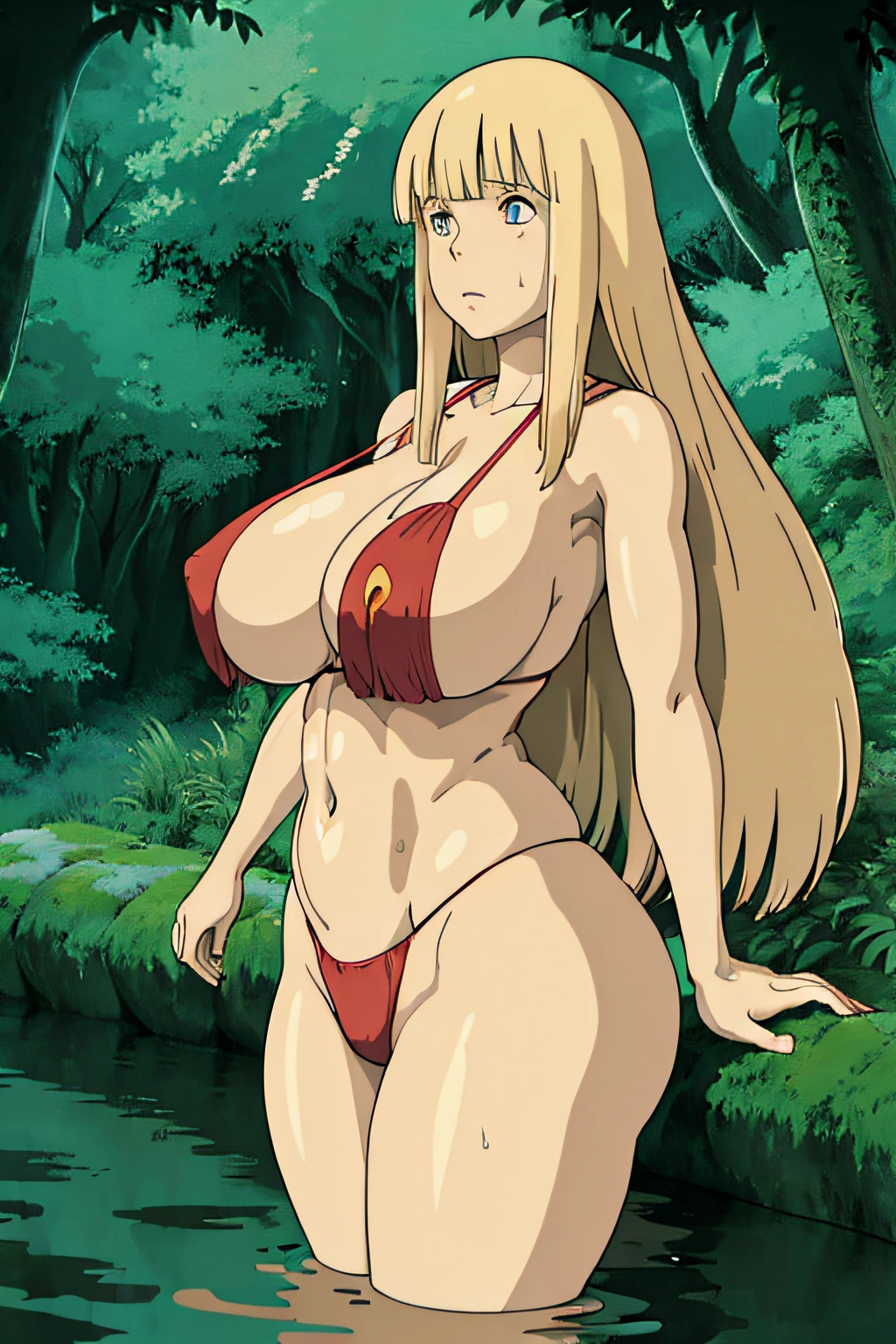 ghibli style, san \(mononoke hime\),
1girl, bangs, blonde hair, breasts, floating hair, forest, blue eyes, looking at viewer, long hair, absolutely gigantic thick tits, thick thigh, thick ass, on river, posing sexy, primitive bra, primitive underwear, solo, tooth necklace, tree, waist up, cleavage, wet, wet body, ((masterpiece))