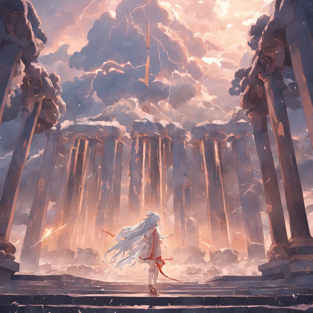 Under a stormy sky, We see the majestic Mount Olympus, The supreme abode of the gods in Greek mythology, Its peaks are thick, Dark clouds. Lightning cuts through the air，Thunder roared over the steep slopes. At the top of the sacred mountain, Majestic marble temples and colonnades rise from the ground, gleaming white. A huge statue of Zeus, Poseidon and Hades, Magnificent in their divine glory, It is flanked by a wide path leading to the Temple of the Twelve Olympus. Carved lions and gargoyles guard the entrance. left, Muse's Garden, To the right, Gilded orchards in Hera. Waterfalls cascade down from above，Eagles soar over mountain peaks in majestic flight. The whole scene exudes power and divinity.