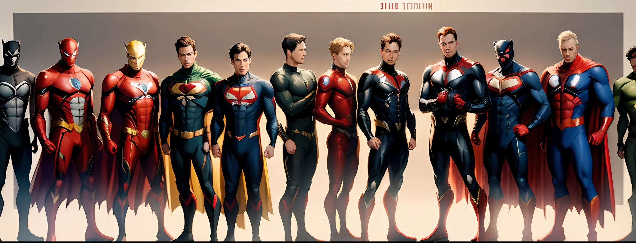 10boys, all superhero, Superman, ironman, hulk, Spiderman, batman, captain America, black panther, vision, ant-man, thor, standing, full body, full costume, hq art