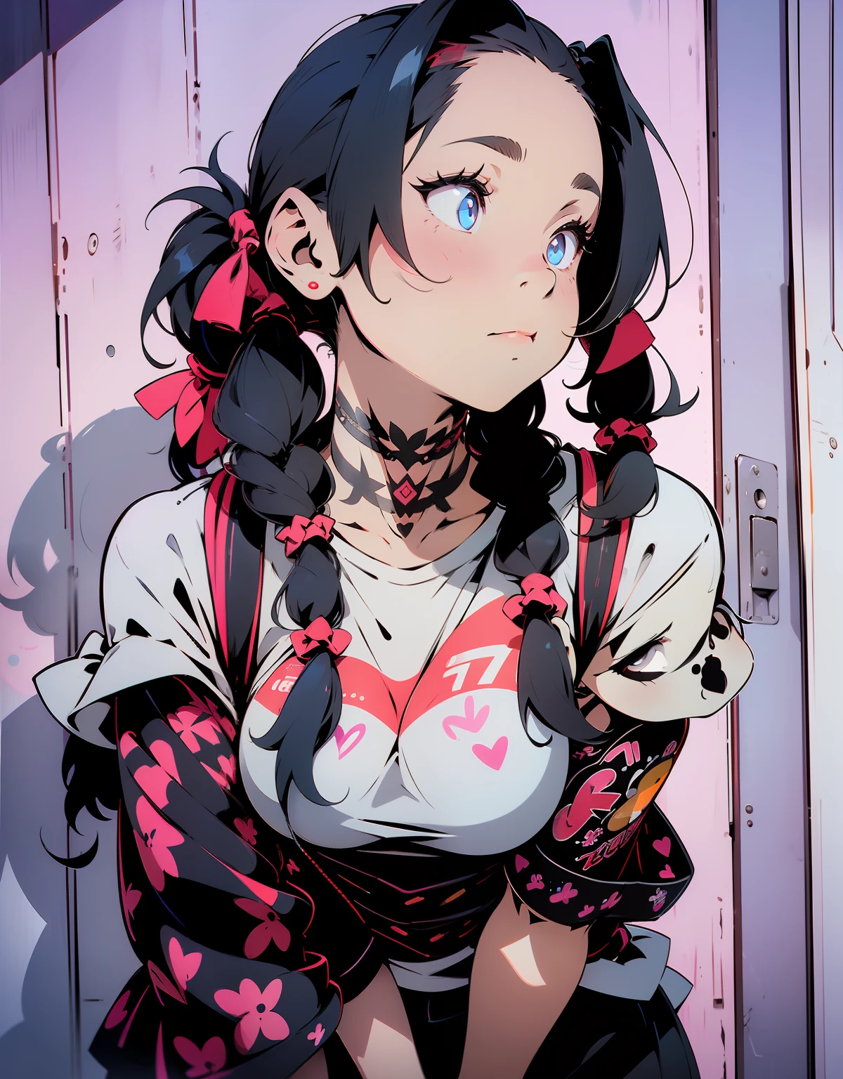 a close up of a woman with long hair and a tattoo on her chest, with black pigtails, pigtails hairstyle, pigtails, two pigtails hairstyle, katelynn mini cute style, profile image, short pigtails hair, pigtails hair, black hair and large eyes, 2 4 year old female model, y 2 k cutecore clowncore