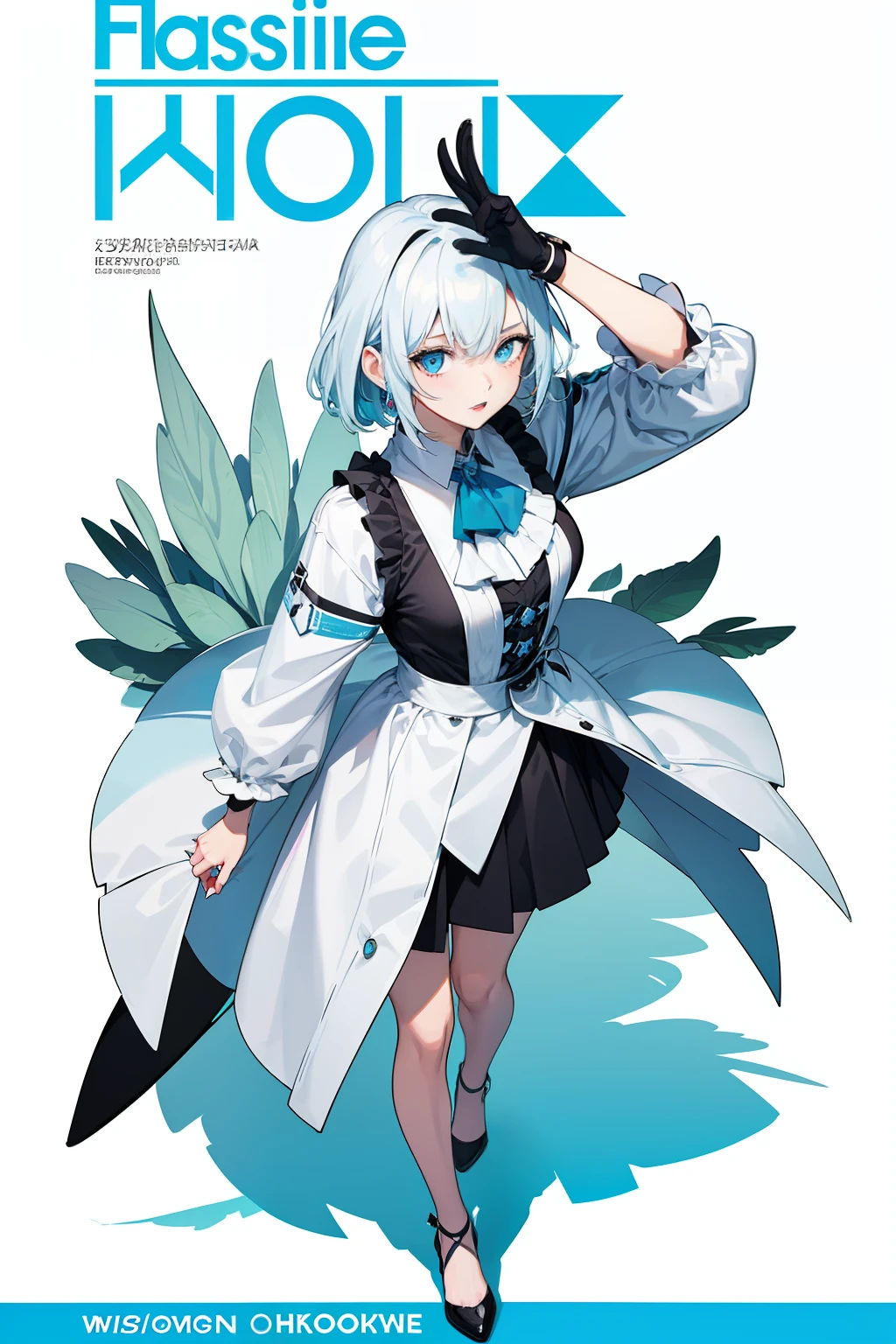 1girl, short grey hair, blue eyes, beret, black thighhighs, short sleeves, white dress, green bow, medium breasts,