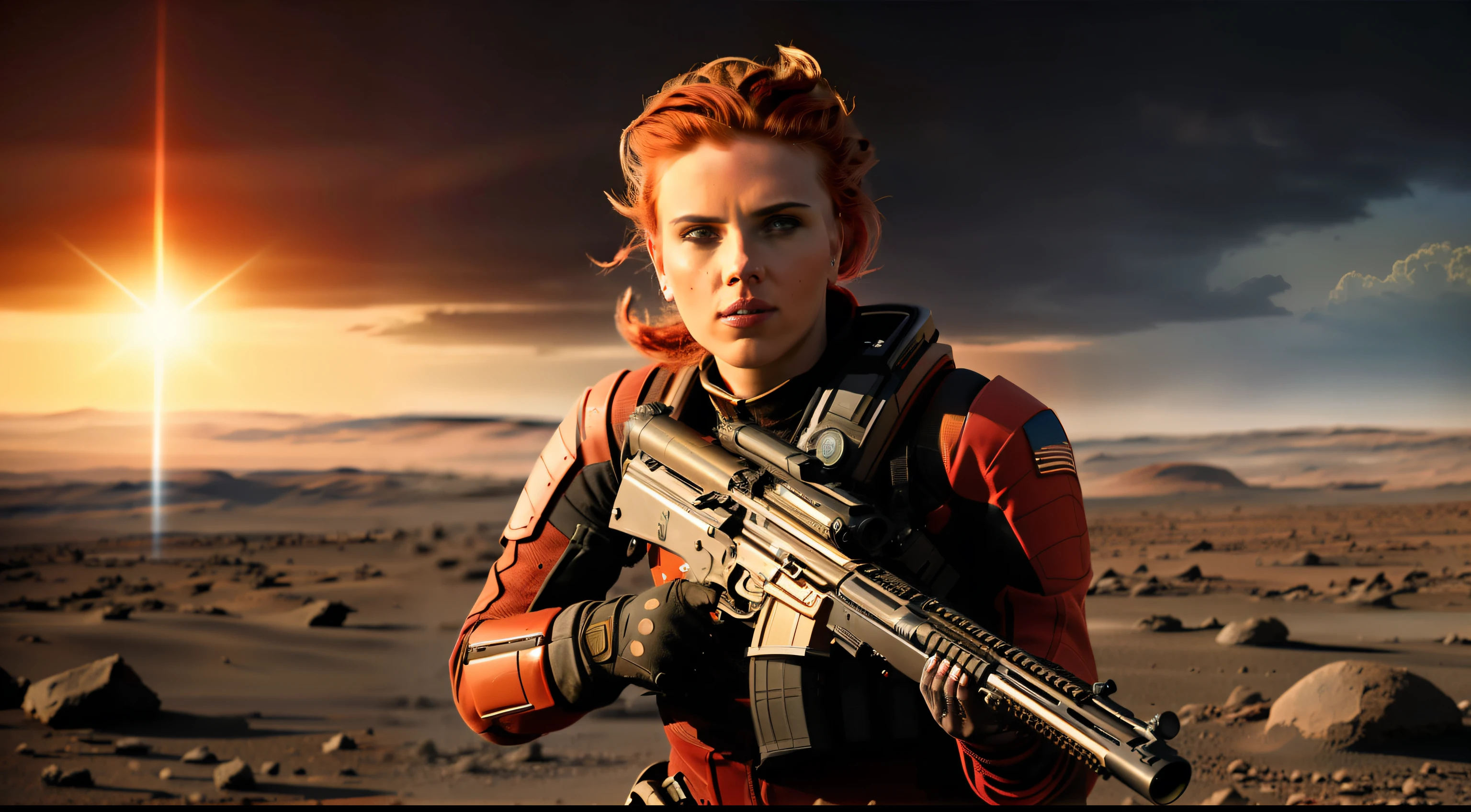 (8k, RAW photo, best quality, highres: 1.2), (realistic, photorealistic: 1.37), full body shot of Scarlett Johannsen shooting a gun on Mars as a mass effect soldier in a futuristic outfit, (wielding a high-tech weapon), red hair, (off center), with a determined look on her face. The backdrop should depict a dystopian Martian landscape under a stormy sky. facing the right, (135mm lens, F/1.8, lens flare)