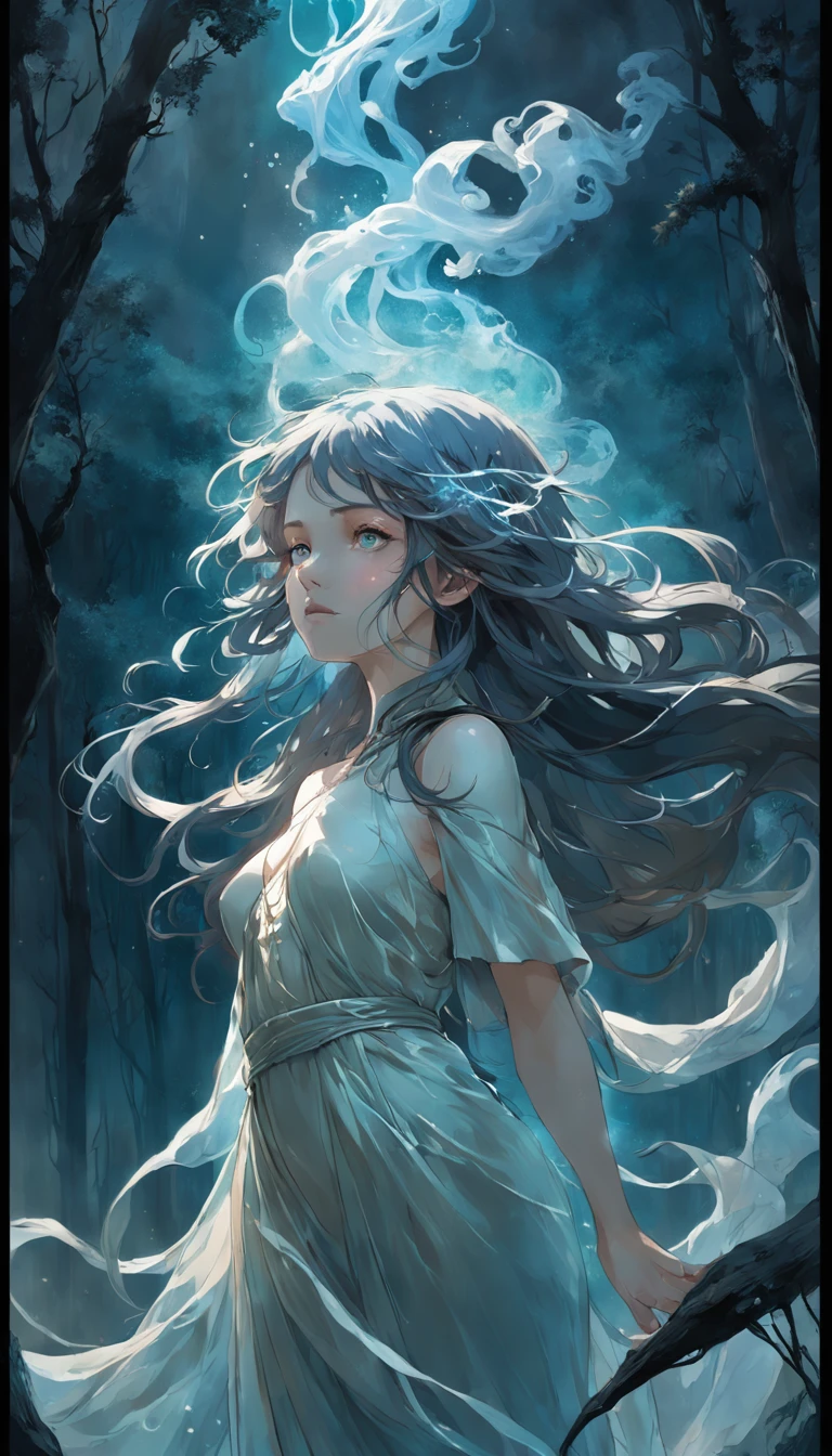 (best quality, masterpiece:1.2), (smokestyle theme:1.1), (full body:0.6), (mysterious smokey lightning), Within a forest aglow with mystic luminescence, stands a girl captured in photorealistic splendor. The contours of her form are etched with purpose, shadows and thick outlines merging to define her ethereal presence. In this captivating portrait, she gazes upward with resolute determination, embodying a fusion of strength and vulnerability. Isolated yet enigmatic, she casts an unwavering spell of focus, her lips gently pursed in concentration. Draped in a flowing white robe, her hair flows with the wind, mimicking the movement of an undulating sea. The masterful artistry of mushroom:&Wadim Kashin Max Way Of:1.5 manifests in intricate and deeply textured details, a testament to both skill and imagination. Amidst this surreal dreamscape, the forest is alive with bioluminescent flora, an array of colors that echo the stars above. A mesmerizing chorus of floating deep-sea jellyfish lends an aura of enchantment to the scene, their gentle undulation creating an otherworldly dance in the mists. The juxtaposition of earth and sea, forest and ocean, is portrayed with striking contrast, each element complementing the other in a harmonious symphony. The composition breathes life into the ethereal with Fractal halos and cosmic female by artist WLOP, infusing the environment with an otherworldly aura. Amidst this captivating setting, she shines with bioluminescence, radiant amid the gentle gloom. The spellbinding scene is meticulously crafted through the intricate rendering of octane render, achieving a balance between delicate details and immersive beauty