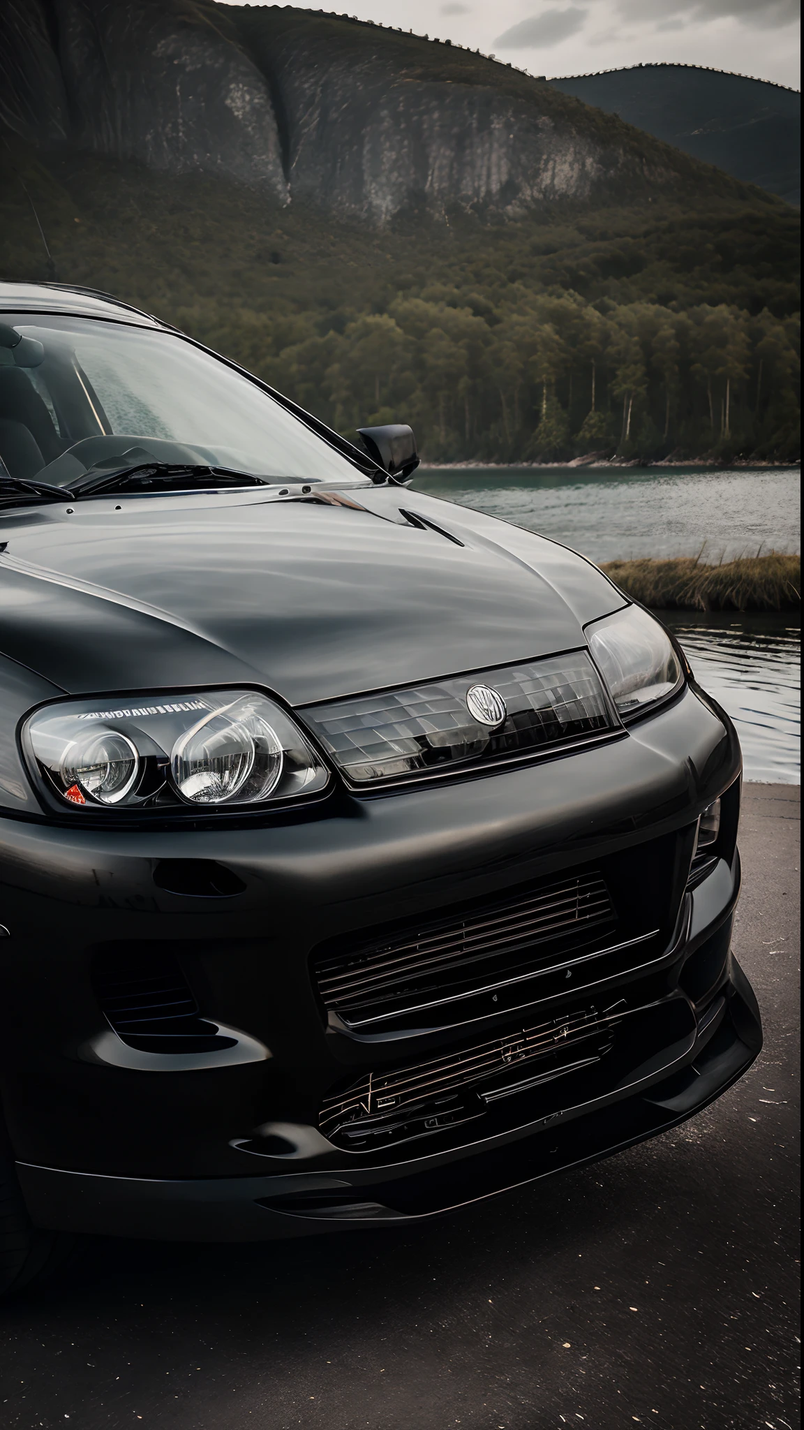 a close up of a black sports car parked in front of a body of water, black car, automotive photography, vehicle photography, black on black, car photography, edited, portrait shot, matte black, cinematic front shot, all black matte product, front profile shot, matte paint, by Matthias Weischer, by Daniel Seghers, front on