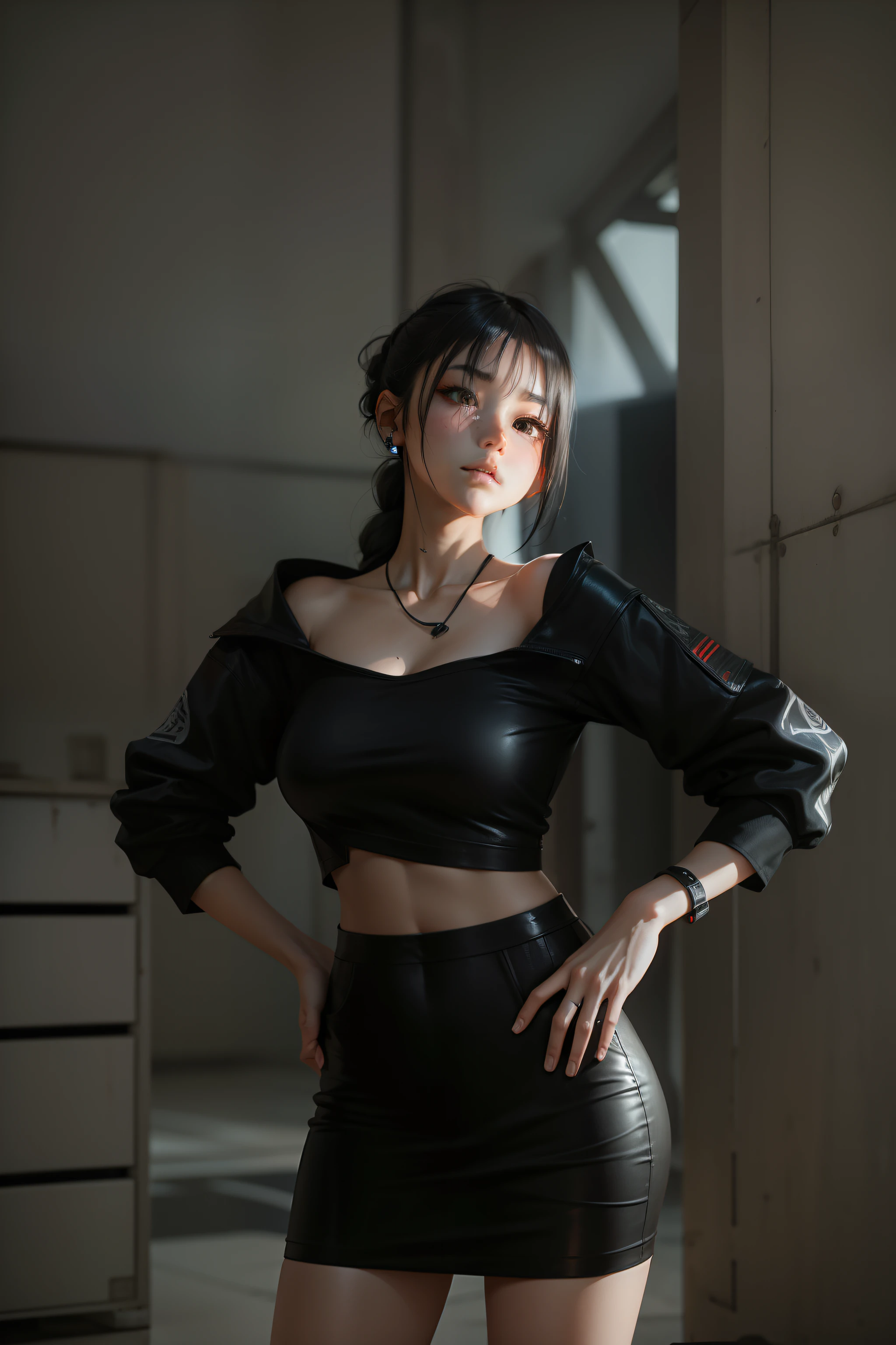 cute female ，long eyelasher，美丽细致的眼睛，horse tailed，black color hair，By bangs，warriors，messy  hair，scifi style，Cyberpunk clothes，final fantasy style，Symphony 2.5D，Half-body bust