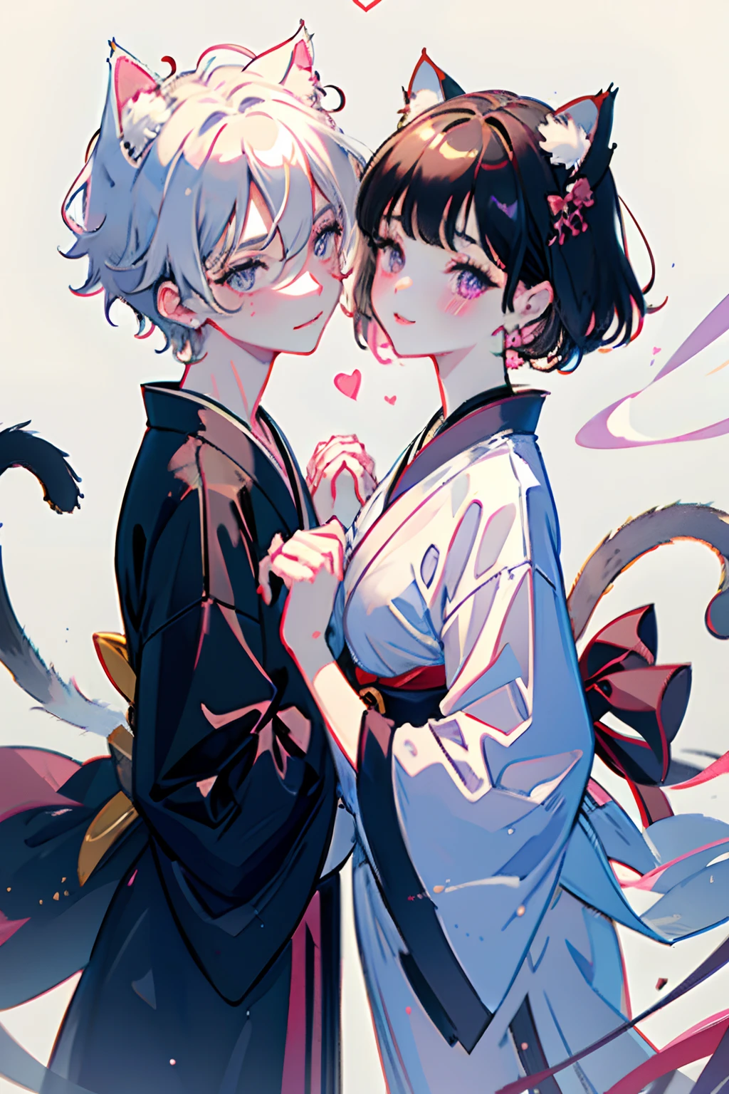 (1boy, 1girl), (cat ears:1.4), short hair, silver hair, white hair, purple eyes, masterpiece, pov, medium breast, absurdres, messy hair, cute smile, winking, blushing, nice hands, simple background, Japanese clothes, kimono, side-by-side, holding hands, floating heart, heart earrings, white hair, full-face blush, looking at each other, face-to-face