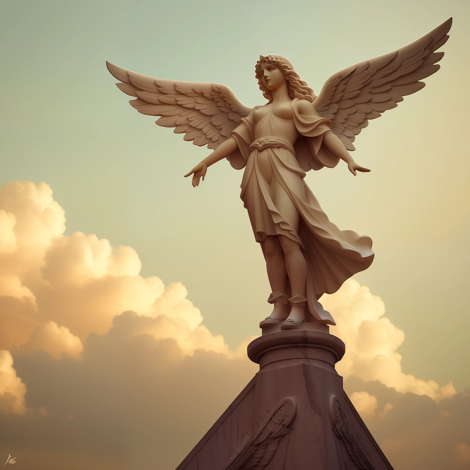 There is a statue of an angel on top of a building, angel statues, inspirado em Kurt Wenner, baroque vaporwave statue, Anjo largo disparado de baixo, tall female angel, alado, um anjo parado, angelic, anjo bonito, anjo, angelic, Senhorita Aniela, anjo protegendo a mulher, biblical accurate angel, Directed by: Kurt Wenner, de anjo lindo