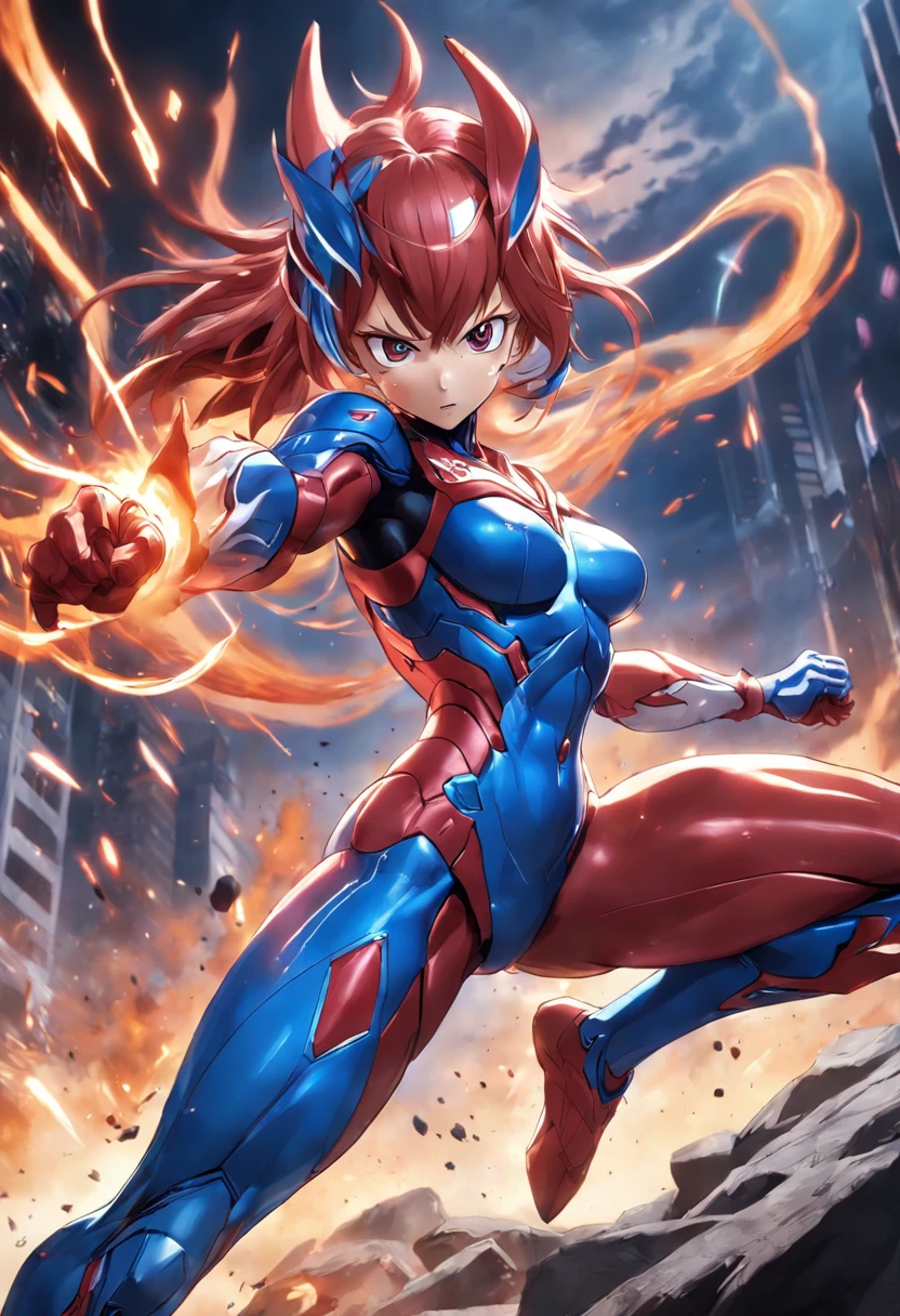 a close up of a person in a red and blue suit, Ultraman, ultra hyper-detailed, detailled image, hero action pose, battle action pose, ultra mega detailed, full body action pose, full bodyesbian!! Dynamic Action Pose, super super dynamic dynamic pose, complete detailed body, ( highly detailed figure ), anime big breast, heroically battle posing