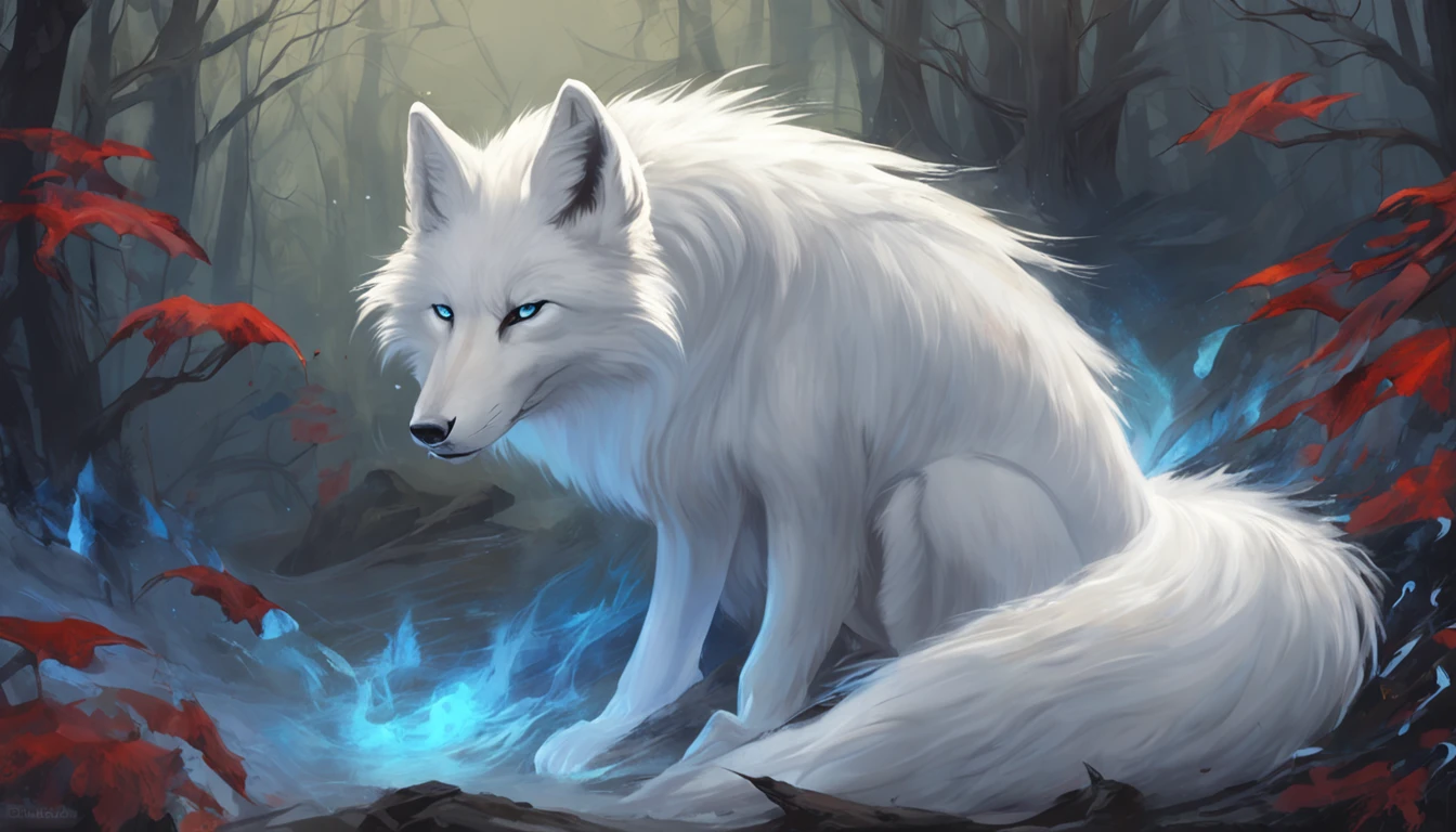 (Next to the anime girl with white fur fox ears before the full moon is a huge white nine-tailed fox:1.5), fantasy fox love, White-haired fox, white fox anime, Anime fantasy illustration,(dark forest background，Blue transparent smoke surrounds:1.8), art of silverfox,Best quality, Masterpiece, 超高分辨率, (photograph realistic:1.4), ultra-realistic realism, Dream-like,fusionart, Shadowdancer, shadow magic, Darkness, stealth, shadowstep, umbral spells,