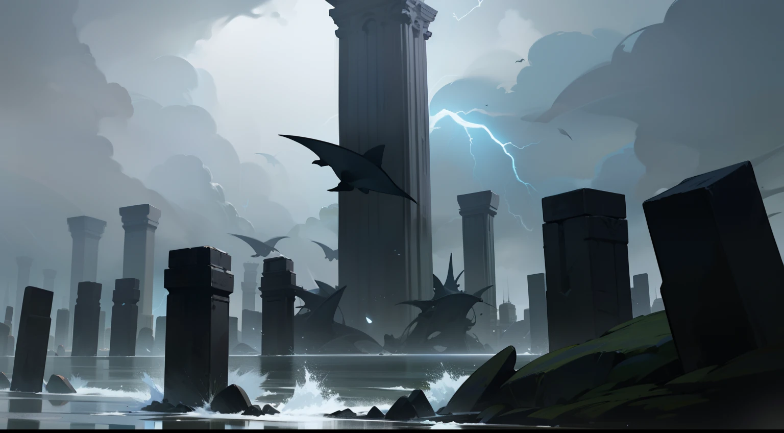 large scene，shores，Many stone pillars，Tidal，The gray sky is obscured by giant manta rays，violent storm，raiden，Solemn, eerie