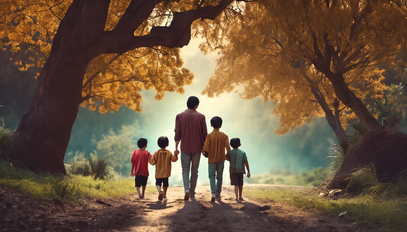 an asian family of four consists of four members: parents and two sons walking hand in hand on a long road leading to distant hills, few trees, high quality photos, real photos, super realistic , family near camera angle, taken with Canon EOS 5D, ((full body)), just four people, family standing back to the right,Everyone turns to the camera