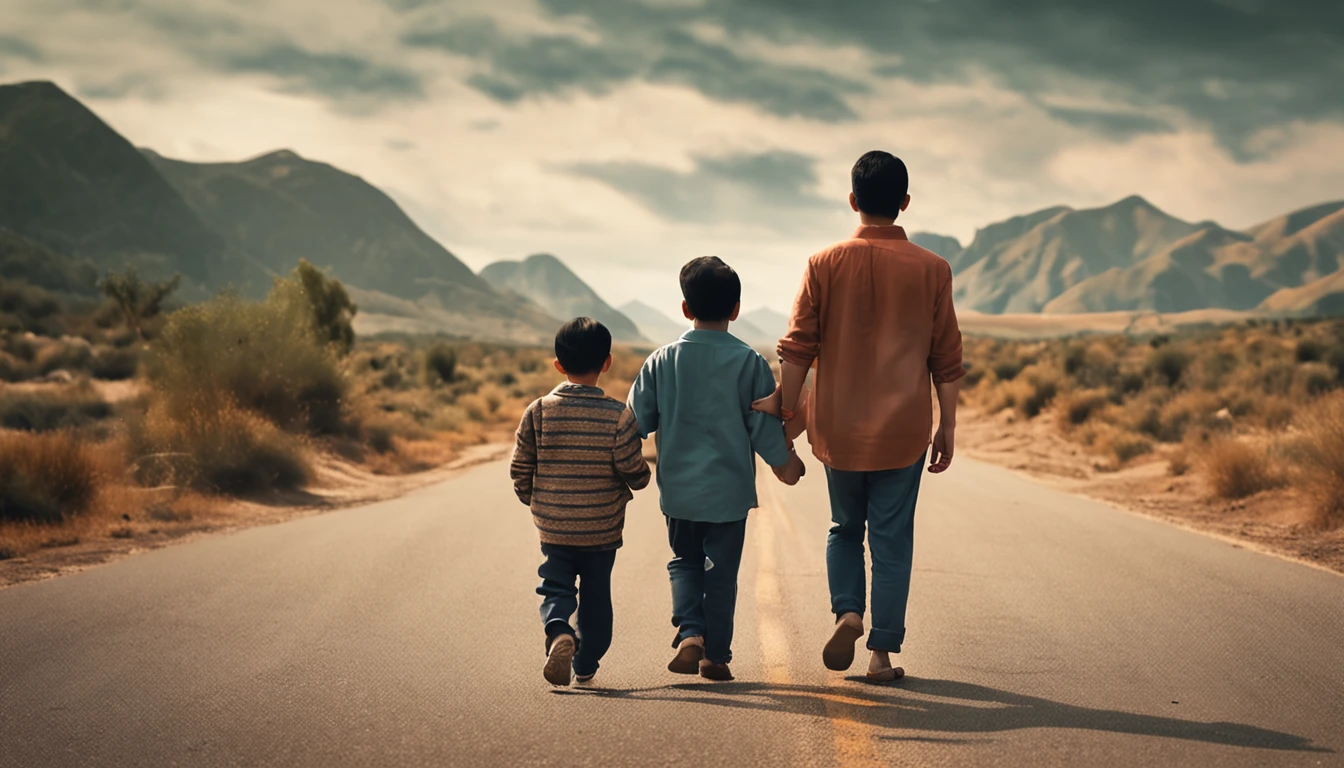 an asian family of four consists of four members: parents and two sons walking hand in hand on a long road leading to distant hills, few trees, high quality photos, real photos, super realistic , family near camera angle, taken with Canon EOS 5D, ((full body)), just four people, family standing back to the right,Everyone turns to the camera