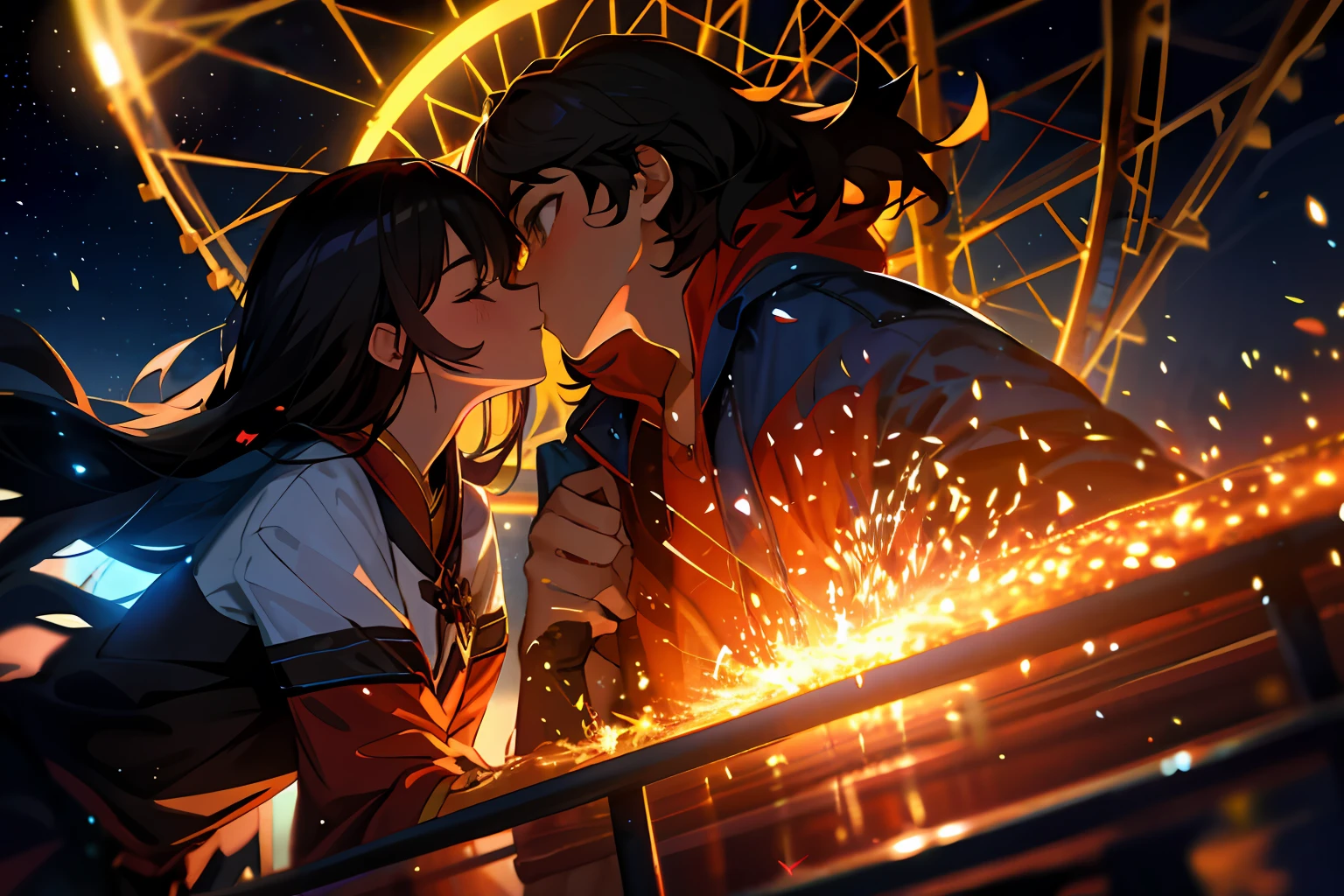 Romantic couple kissing in the wind,Brunette boy,High-haired girl,glowing stars,Glow effects,Heart-shaped bubbles,the night,Playground Ferris wheel,fire works,The face is clear and accurate,detail in face,super-fine,16K resolution,high qulity,电影灯光,High picture detail,dynamic viewing angle,Detailed pubic hair,Epic shooting,oc rendered