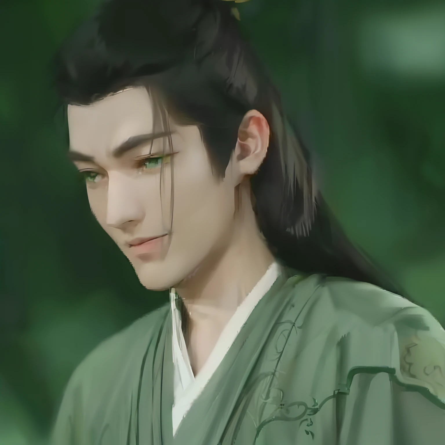 Wear a green tunic,mtu,closeup of face, with his long black hair, handsome, xianxia hero, youth,Two-dimensional style