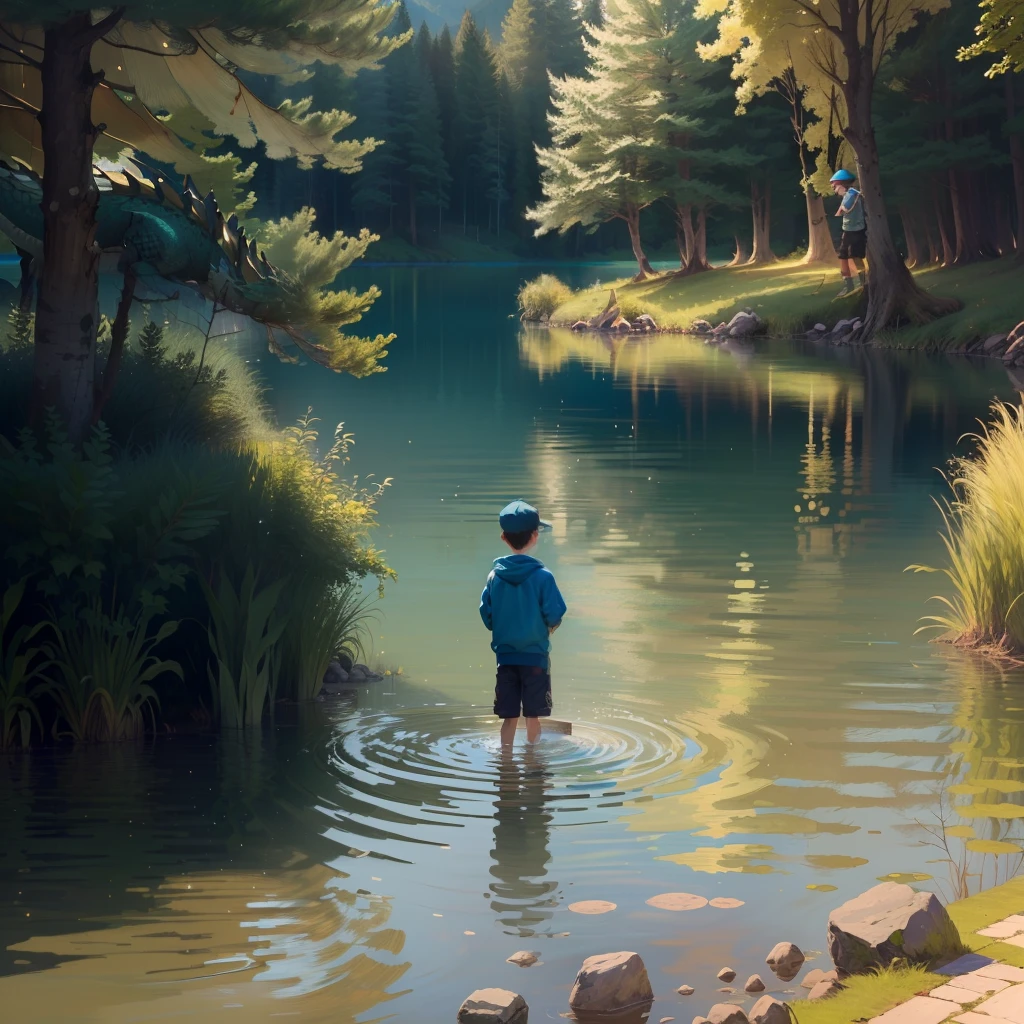 A boy in a lake searching for  dragons