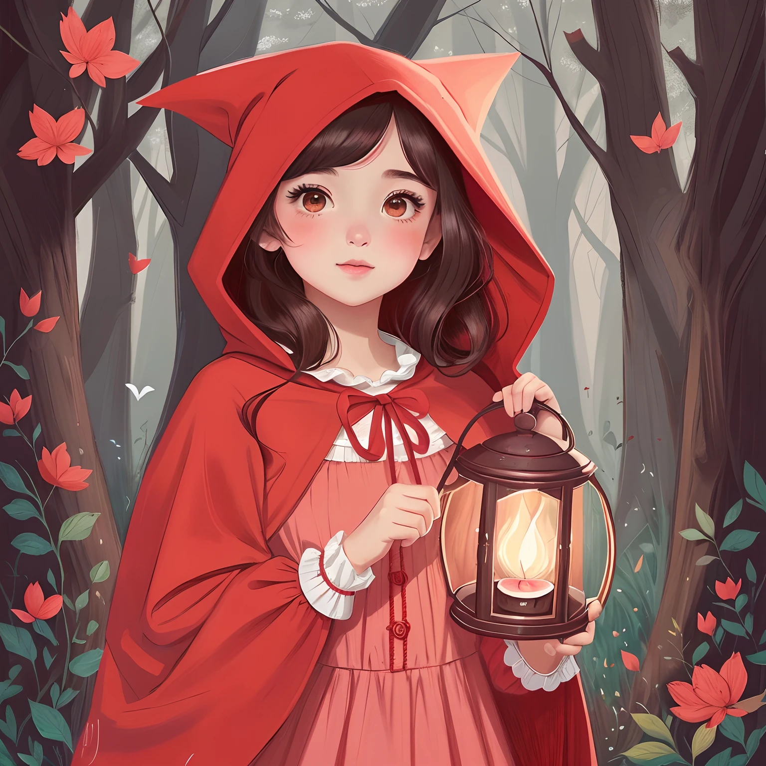 um desenho de uma em uma capa vermelha segurando uma lanterna, vestido com um belo manto vermelho, Chapeuzinho Vermelho, Chapeuzinho Vermelho, fairy-tale illustration style, Fanart oficial, Capuzes vermelhos, thief red riding hood, Fanart detalhado, Fanart de alta qualidade, No estilo de arte de Bowater, estilo de arte bonito, Cartoon style illustration, Fanart, arte digital detalhada bonito