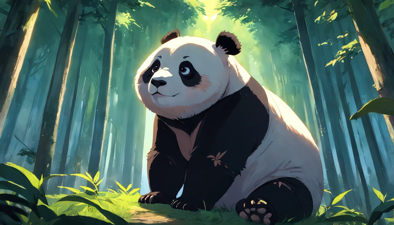 tmasterpiece, best qualityer, cinematic Film still from, Two pandas, Close-up Shot Shot,Bright and bright, cheerfulness, Soft lighting and warmth, natta, Panda looking up at the sky in the forest