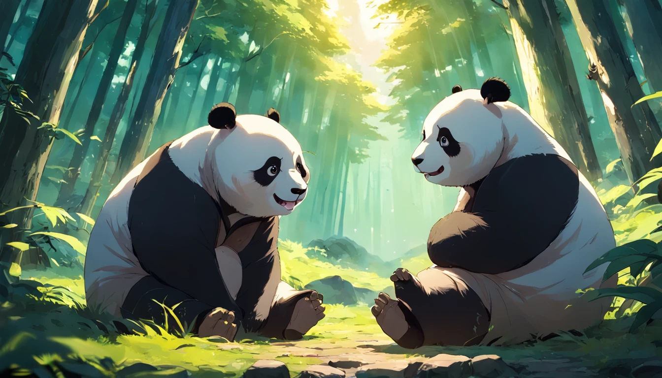 tmasterpiece, best qualityer, cinematic Film still from, Two pandas, Close-up Shot Shot,Bright and bright, cheerfulness, Soft lighting and warmth, natta, Panda looking up at the sky in the forest