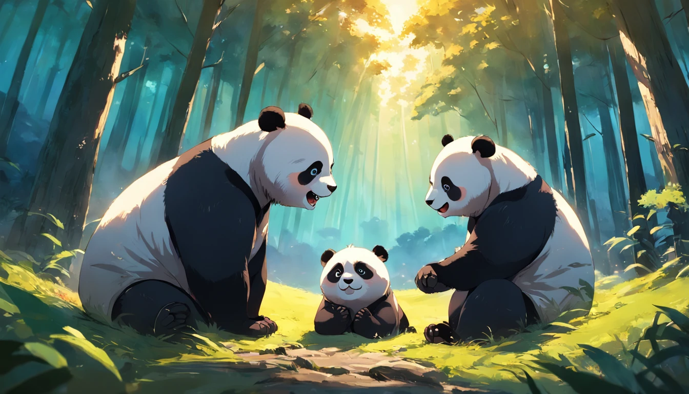 tmasterpiece, best qualityer, cinematic Film still from, Two pandas, Close-up Shot Shot,Bright and bright, cheerfulness, Soft lighting and warmth, natta, Panda looking up at the sky in the forest