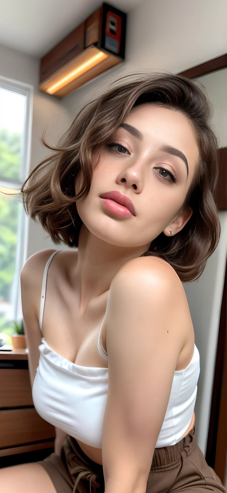 arafed woman in a white top and brown shorts posing for a picture, with short hair, 🤤 girl portrait, cait miers, small freckles, rosey cheeks, short brown hair and large eyes, short hair, cute freckles, natural short hair, no makeup wavy hair, 2 4  old female model, portrait sophie mudd, perfect face )