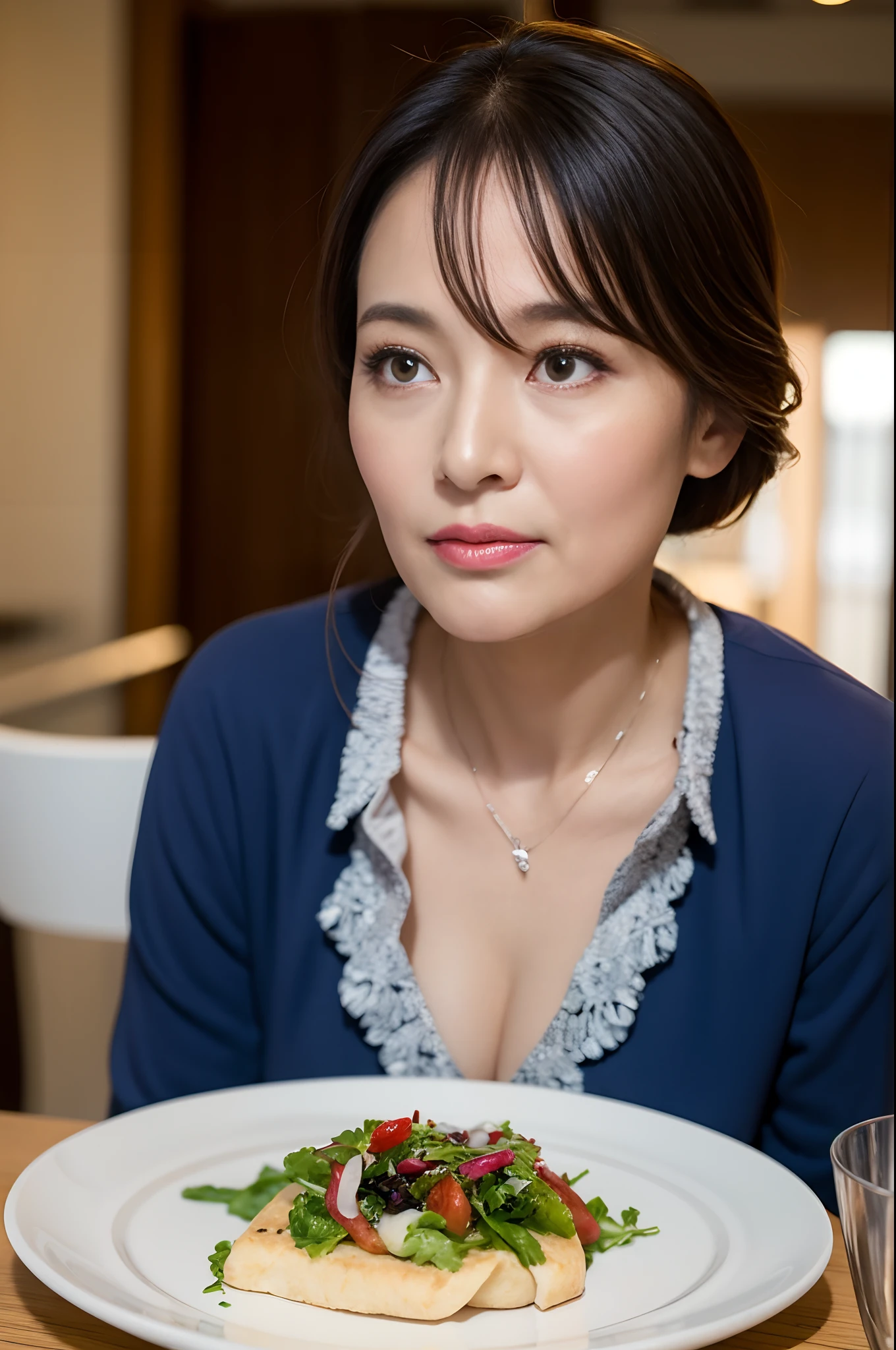 ((top-quality、8K分辨率、Master masterpiece、Portrait:1.3)), Photorealsitic, foco nítido, high-level image quality, hight resolution, Portrait, Solo, (Looking away:1.3), (1人の女性:1.5), japanes, Beautie, 30-years old, (Wrinkles at the corners of the eyes:0.1), Woman sitting at table with two plates of food and a glass of water,
