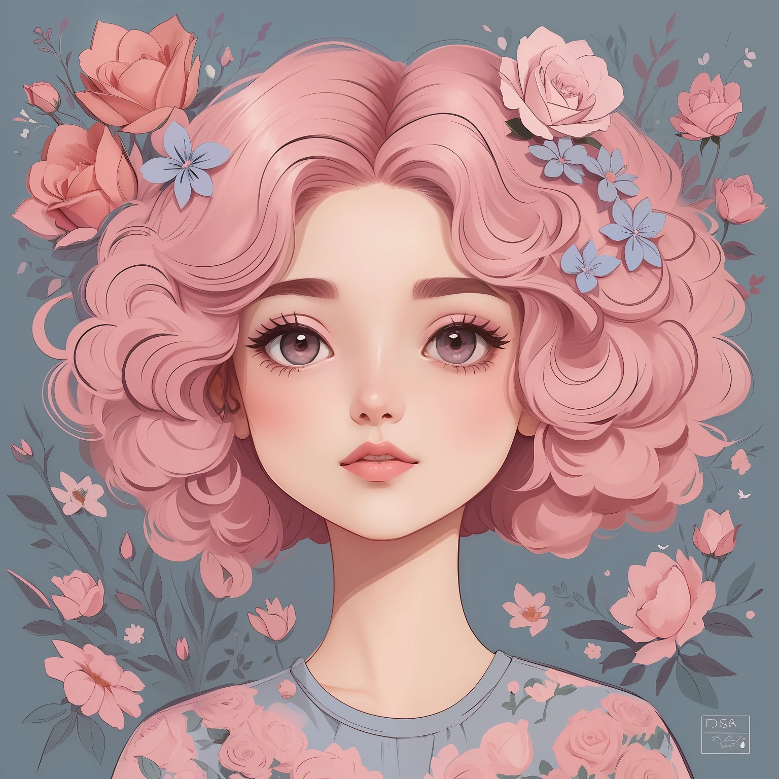 um desenho de uma mulher com cabelo rosa e flores em seu cabelo, arte digital detalhada bonito, in illustration style digital, trending on artstration, No estilo de arte de Bowater, Beautiful digital illustration, Cabelo rosa, a beautiful artwork illustration, estilo de arte loish, rosas no cabelo, cor-de-rosa, arte digital bonito, Cartoon style illustration, estilo de arte bonito