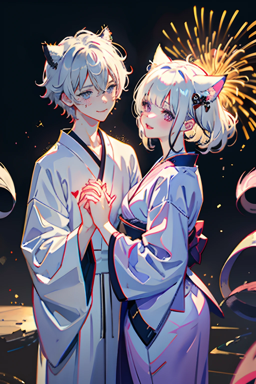 (1boy and 1girl), (cat ears:1.2), short hair, silver hair, white hair, purple eyes, masterpiece, pov, medium breast, absurdres, messy hair, cute smile, winking, blushing, nice hands, simple background, Japanese clothes, yukata, holding hands, floating heart, heart earrings, white hair, full-face blush, looking at another, face-to-face, cat girl, cat boy, fireworks in the background.