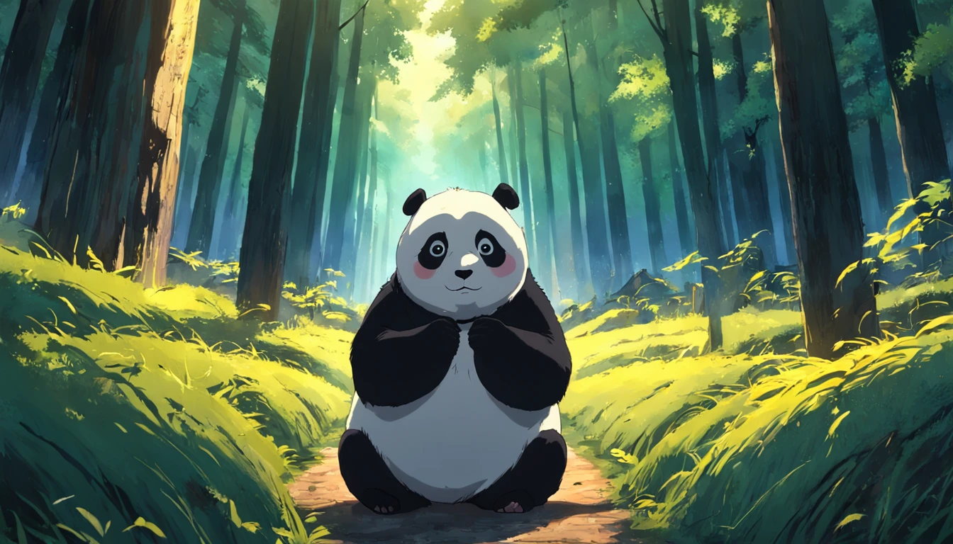 tmasterpiece,best qualityer,cinematic Film still from,1 panda,Close-up,The panda looks up at the forest