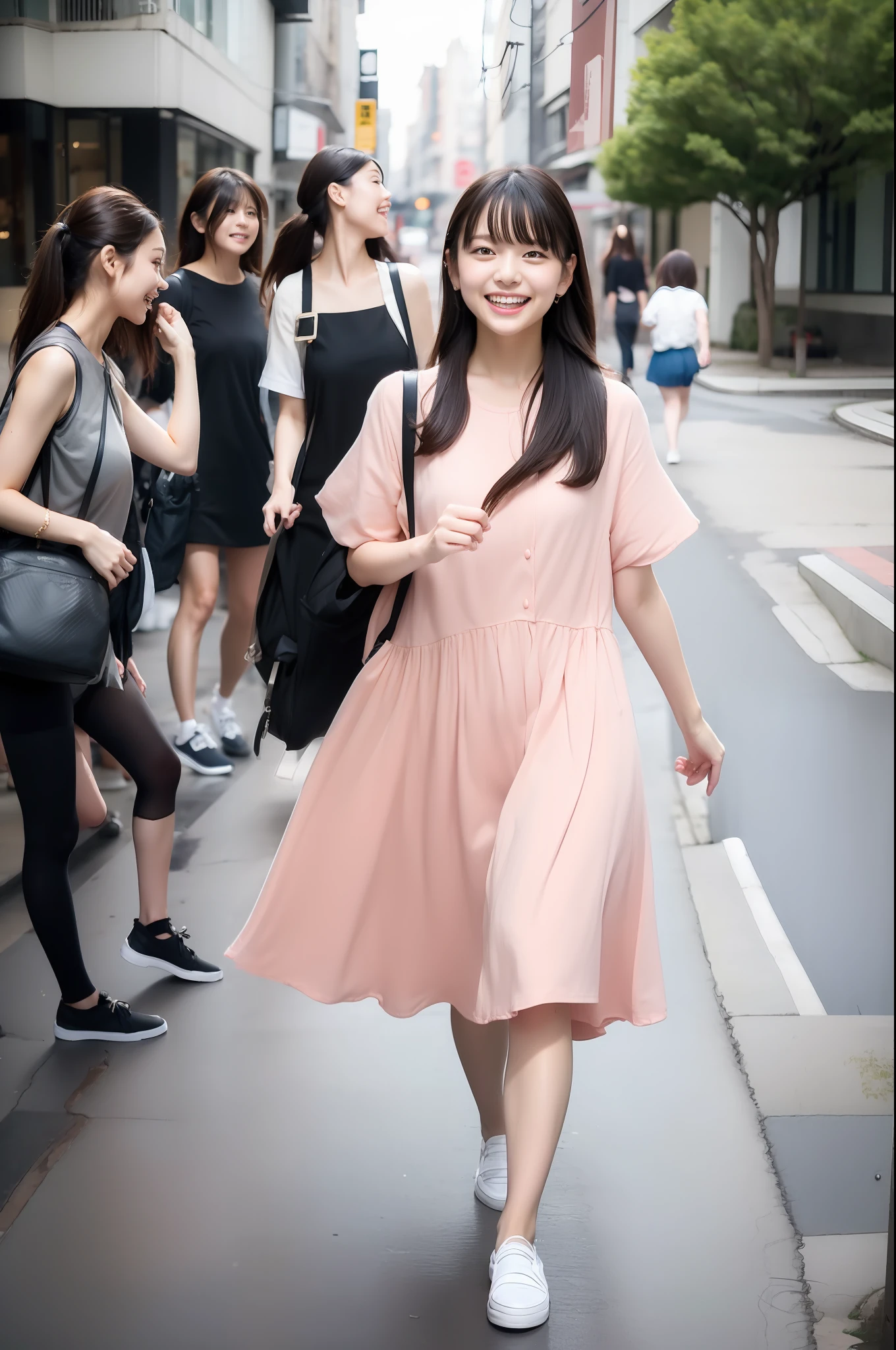 The girl is in a hurry to meet、japanes、Plain clothes dating、Ruffled dresses、In the street、the background is blurred、Impatient face、(Cute clothes)、