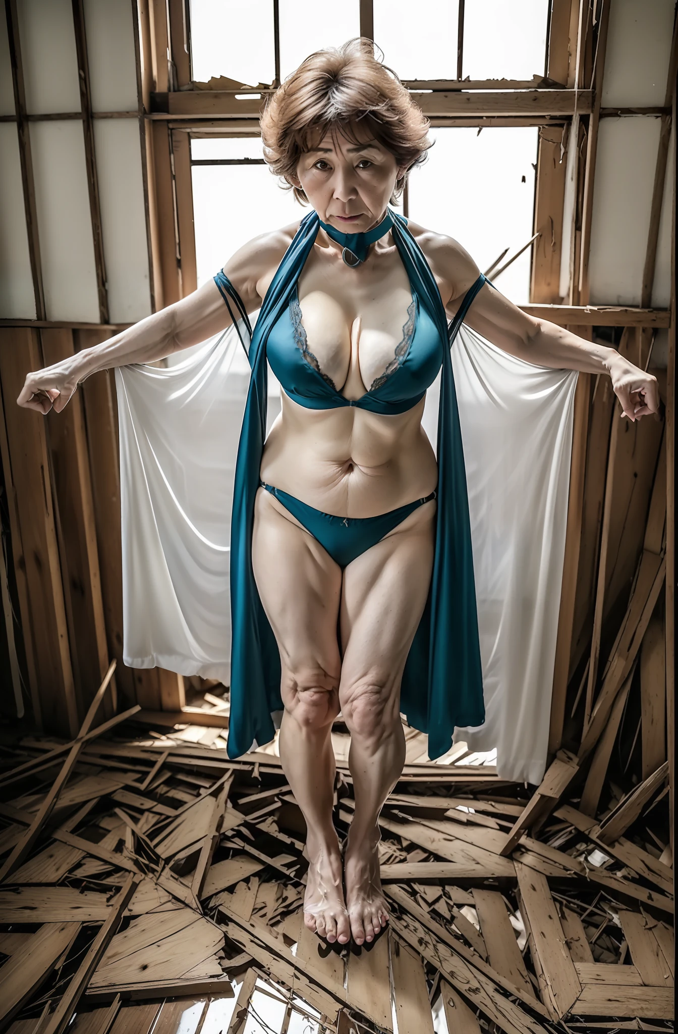 masterpiece,top-quality,higher rank,(A MILF_femele:1.3),(60-year-old grandmother:1.5),maikurobikini,large full breasts,cleavage of the breast,Very big breasts,a navel,hyper realstic,Sheer,deadpan,be in agony,Being in an abandoned house,Wearing a thick collar