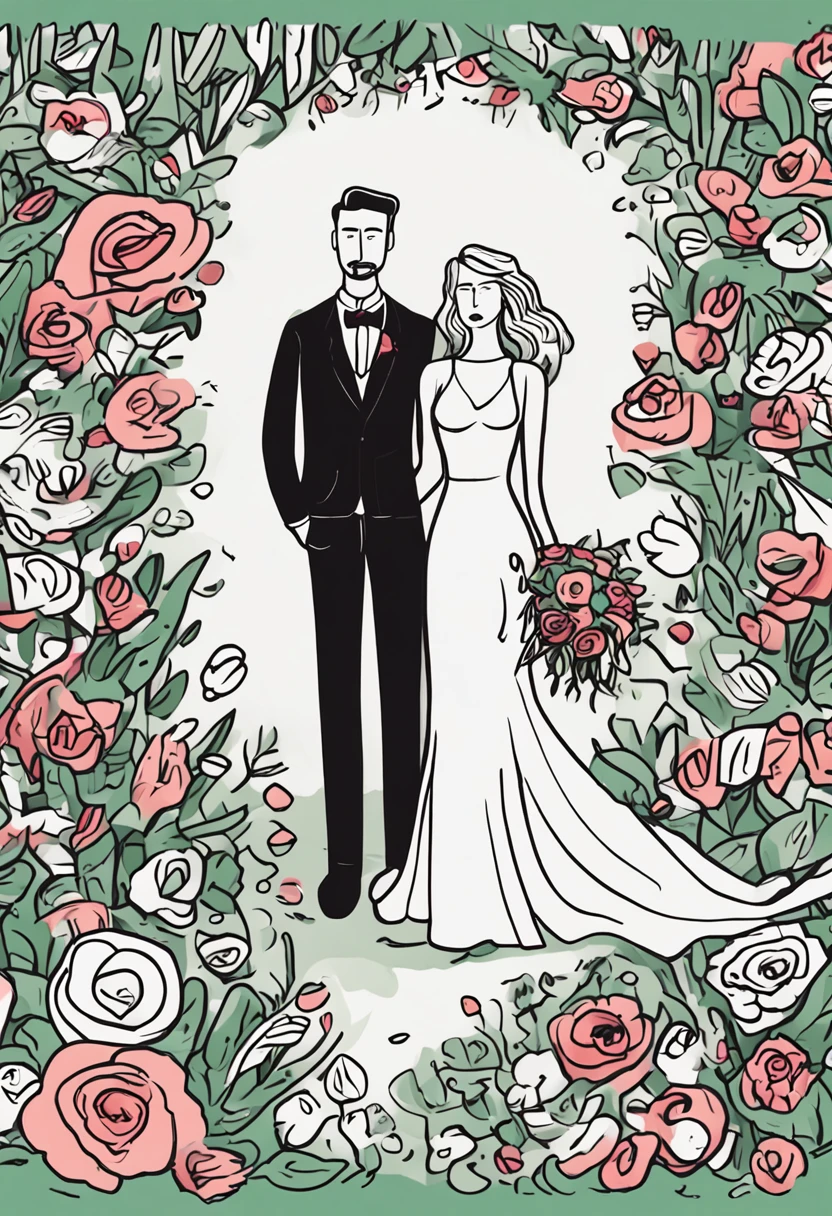 ute cartoon couple，boy is wearing suits and holding the flowers ,girl is wearing white wedding dress ,both of them full body, green background,) doodle in the style of Keith Haringsharpie illustration, bold lines and solid colors, simple details, minimalist