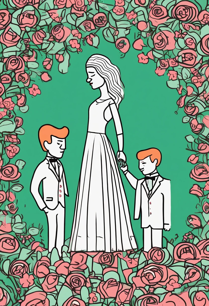 ute cartoon couple，boy is wearing suits and holding the flowers ,girl is wearing white wedding dress ,both of them full body, green background,) doodle in the style of Keith Haringsharpie illustration, bold lines and solid colors, simple details, minimalist