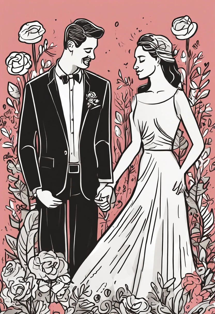 ute cartoon couple,boy is wearing suits and holding the flowers ,girl is wearing white wedding dress ,both of them full body, green background,) doodle in the style of Keith Haringsharpie illustration, bold lines and solid colors, simple details, minimalist