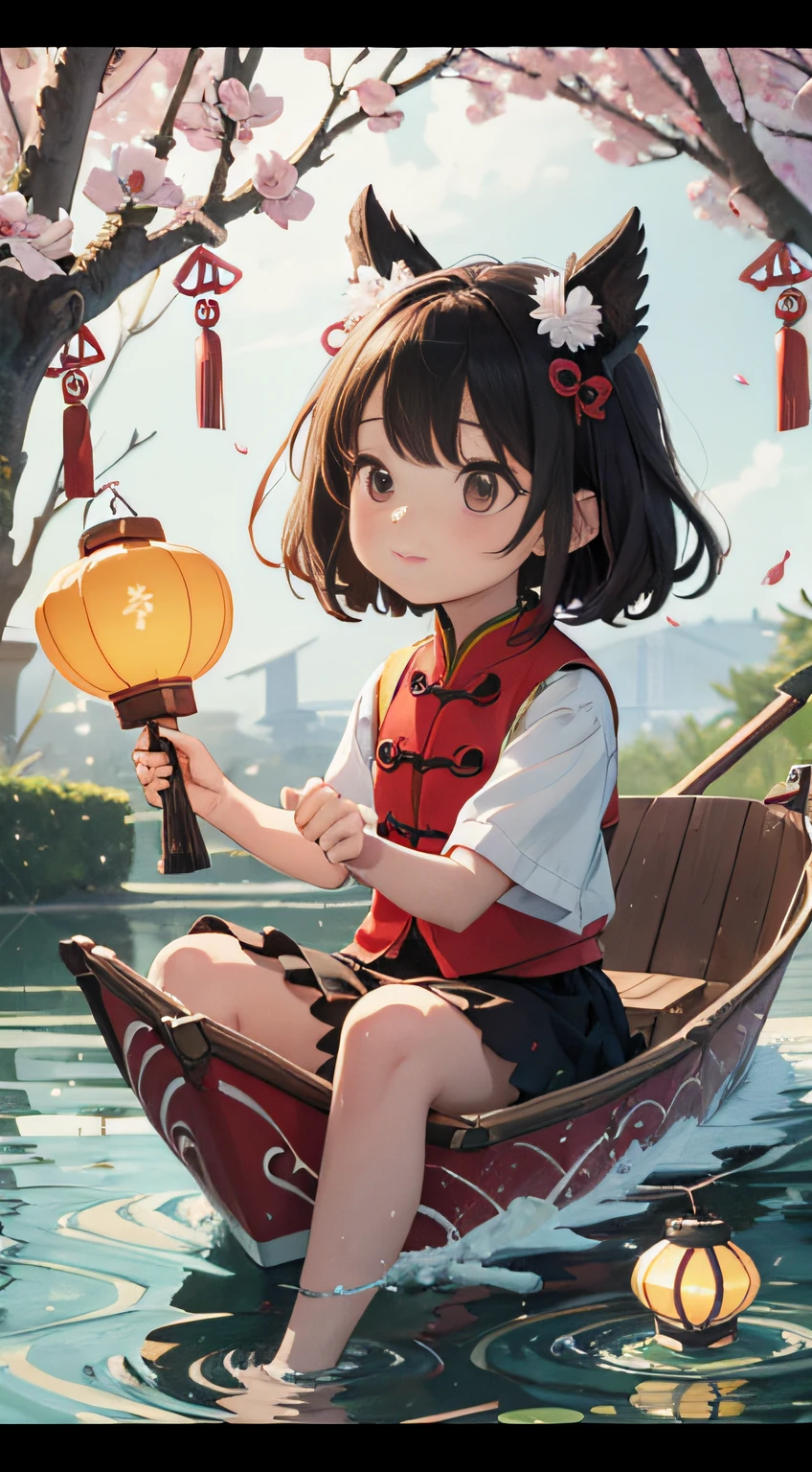 Chinese Valentine's Day scene，A cute little girl from China rowing a Chinese dragon boat，The boat puts lanterns，beauitful face，Lots of magpies，Lotus lanterns float over the lake，The background is bright，cinema shot，in an art nouveau style，Organic and smooth lines，Futuristic color wavy pie，intricate and bizarre illustrations，swirles，colorful turbulence，High resolution Ultra Detail --S 400