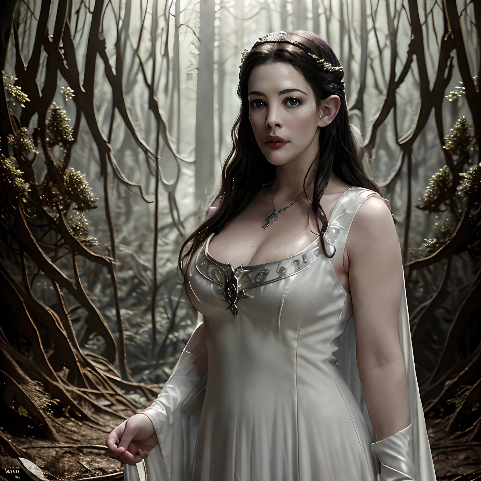 (masterpiece, Best Quality, 32K HDR, Ultra High Resolution, photograph realistic), portrait painting of 1girl, (Ultra-realistic photos of Arwen:1.15, realistic portrait of Liv Tyler:1.15, Lord of the ring, perfect slim body:1.3), detailed face:1.2, Detailed texture:1.2), elf, black hair, (sleeveless white dress:1.3), Fantasy atmosphere, (standing in deep forest:1.35, dark atmosphere:1.55), (extremely details CG), big breasts,